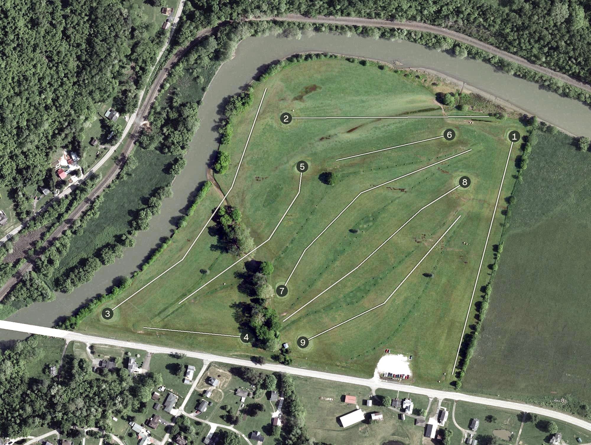 Aerial view of Clair Mar Golf Course, OH, with its hole routing marked