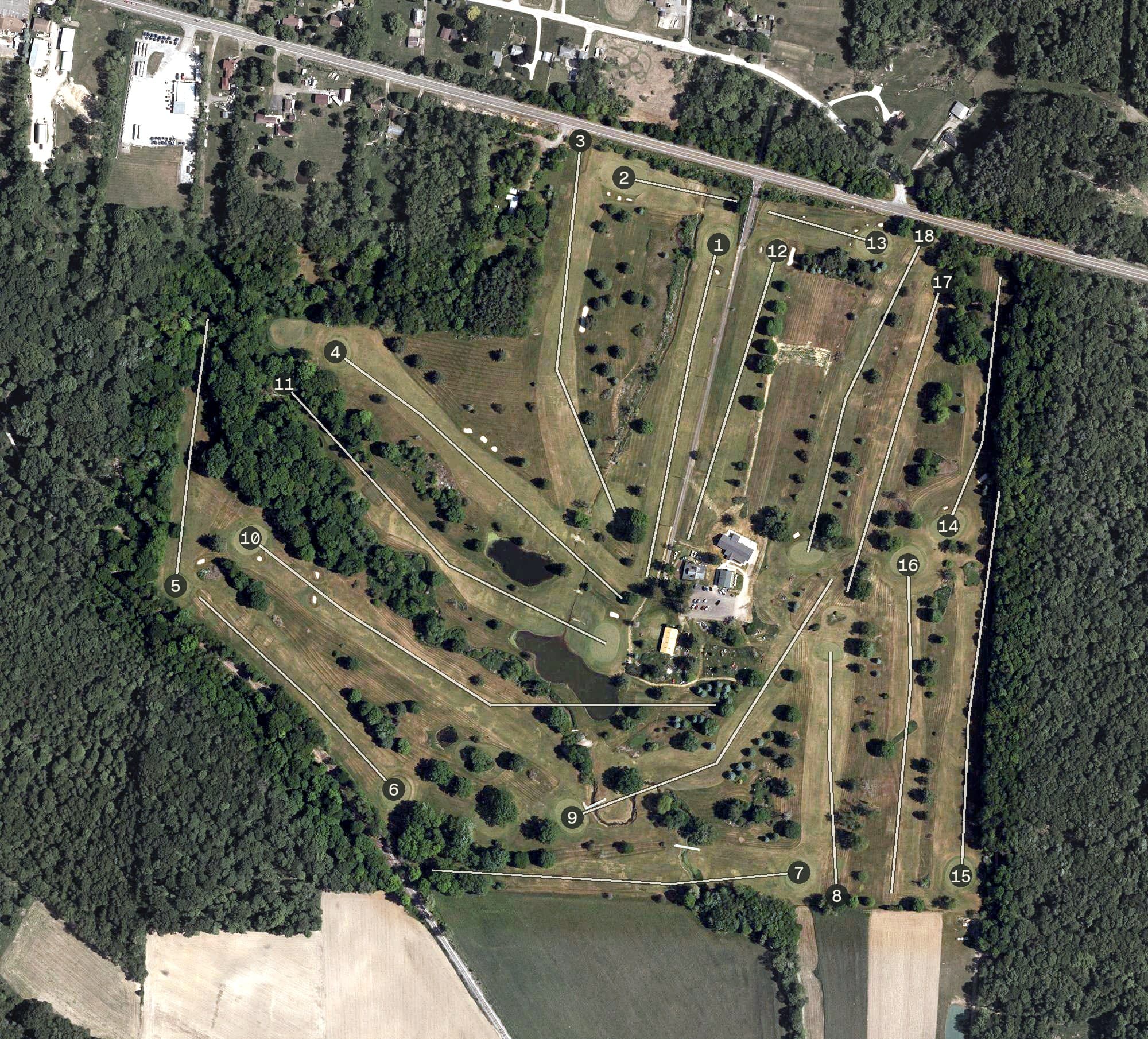 Aerial view of Clearview Golf Course, OH, with its hole routing marked