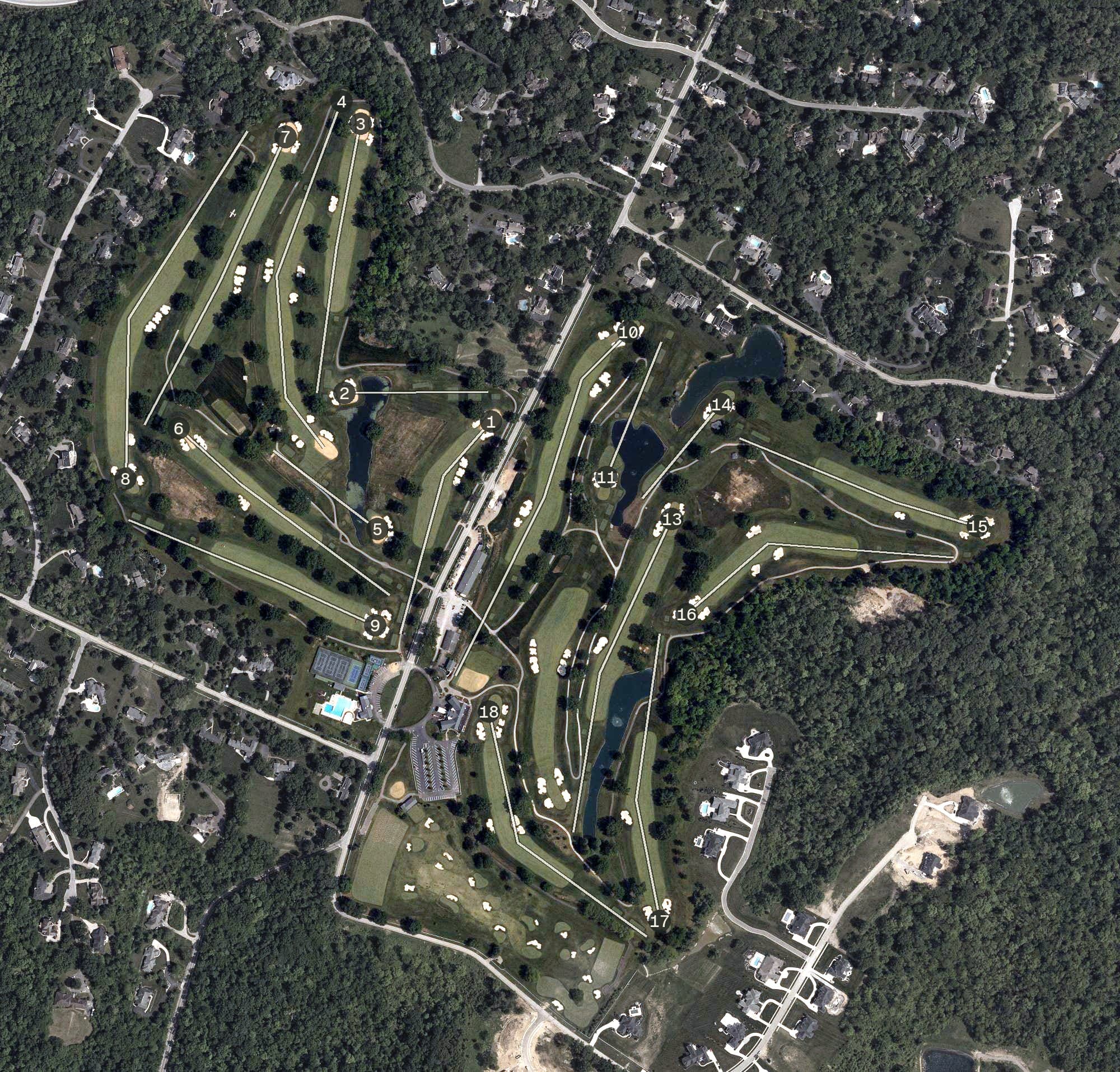 Aerial view of Coldstream Country Club, OH, with its hole routing marked