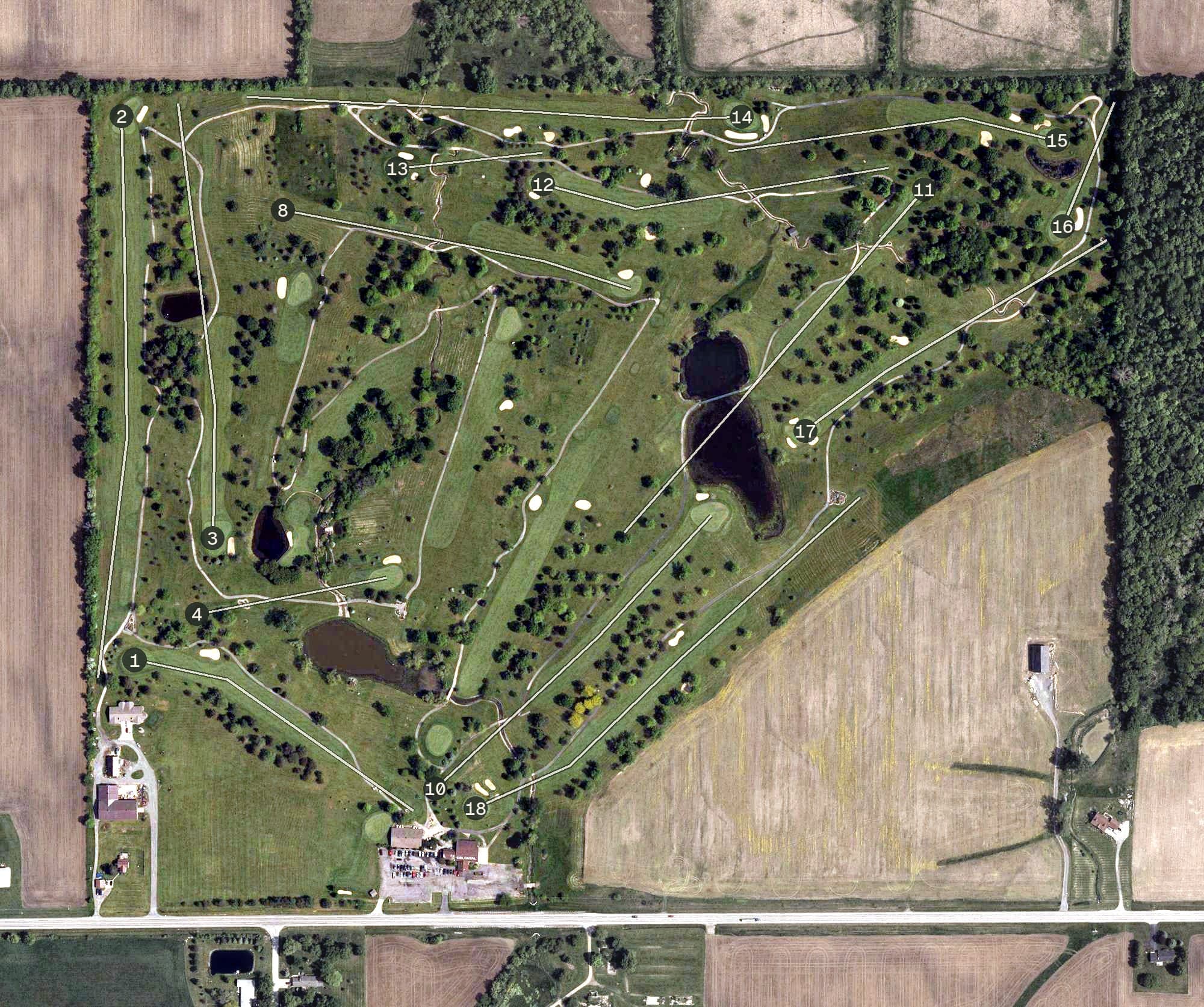 Aerial view of Colonial Golfers Club, OH, with its hole routing marked