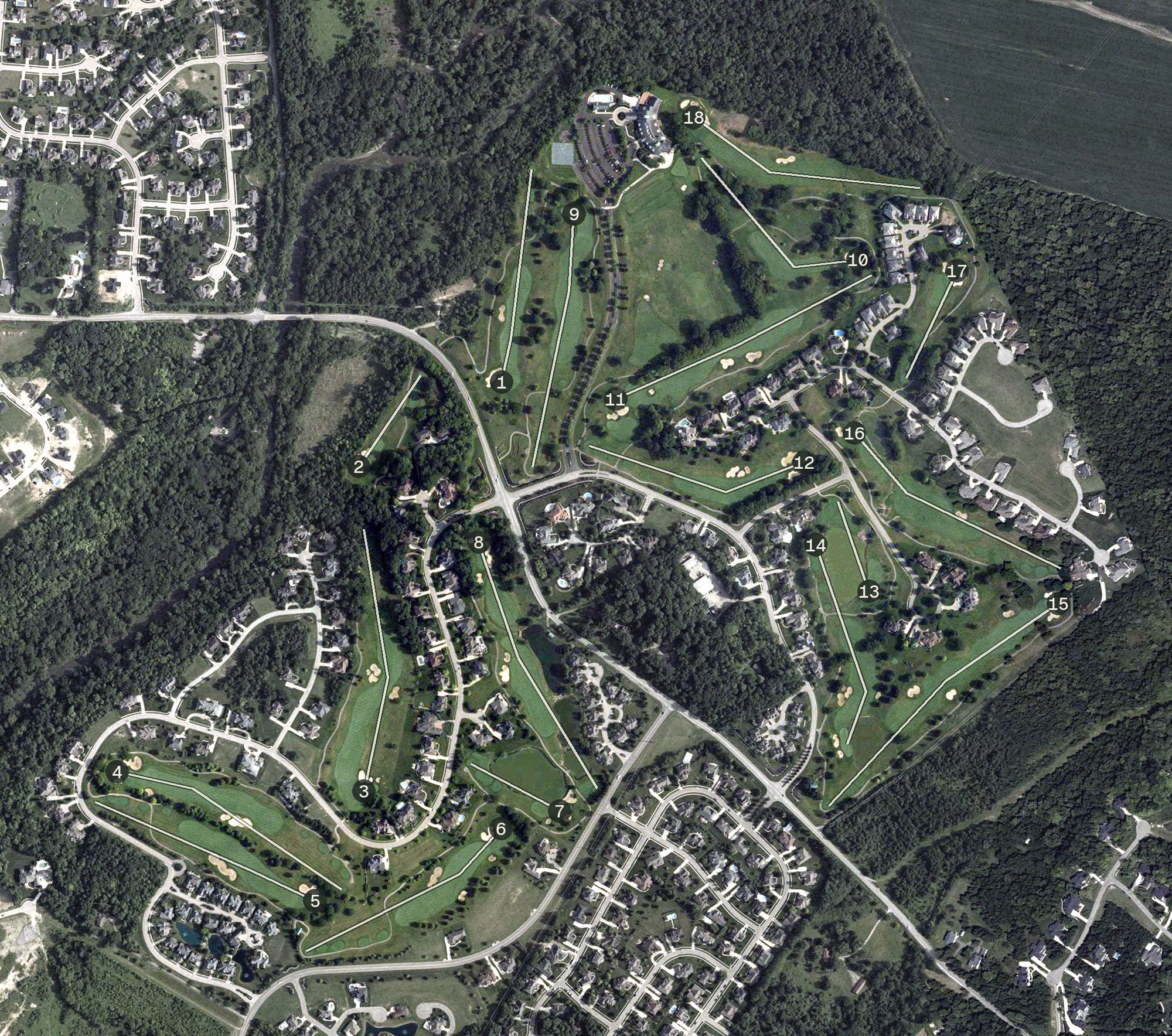 Aerial view of Country Club of the North, OH, with its hole routing marked