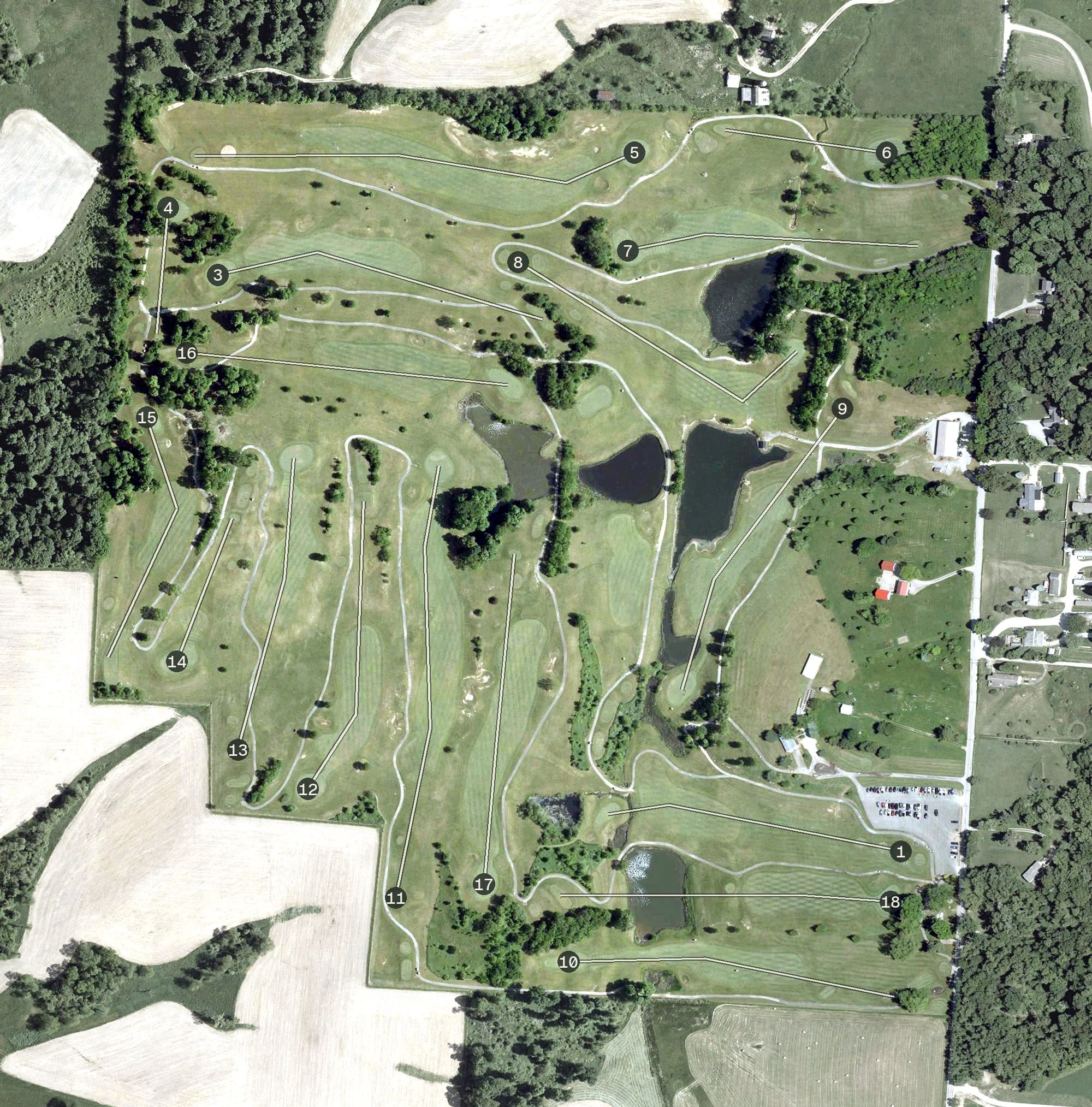 Aerial view of Crystal Springs, OH, with its hole routing marked