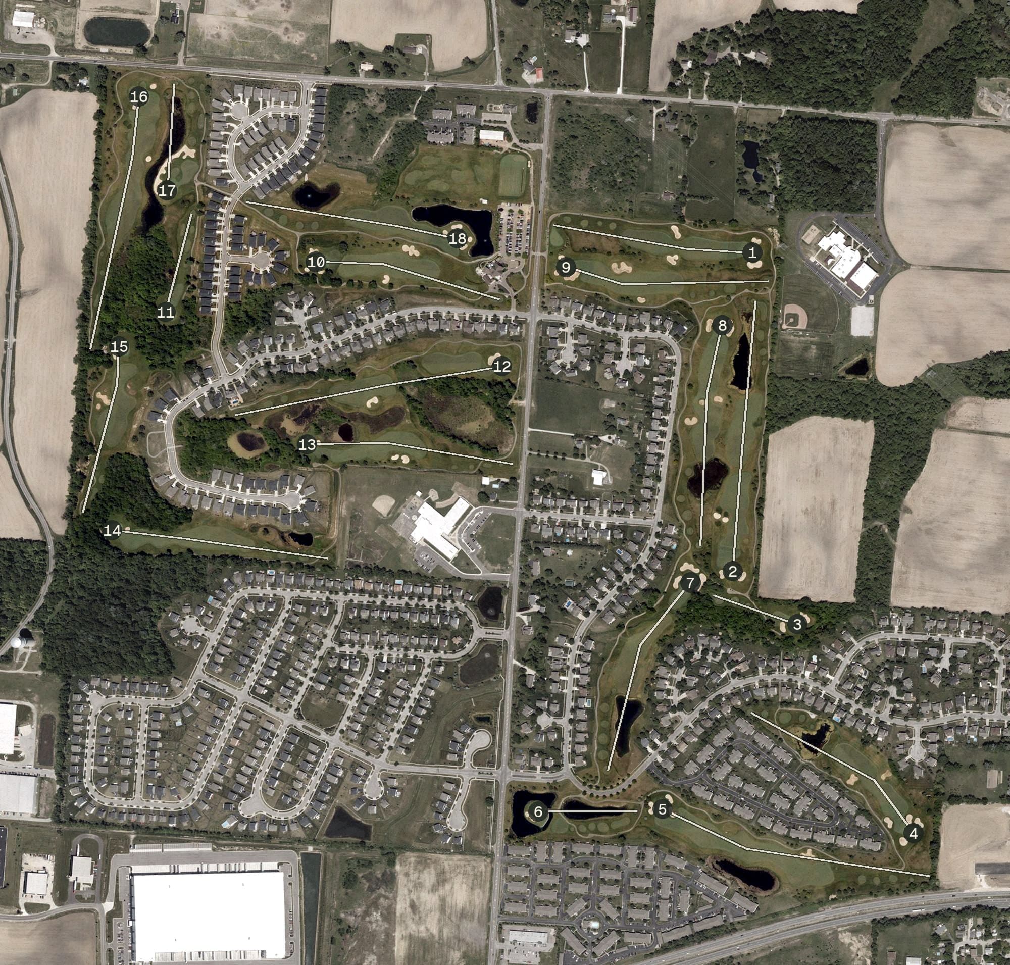 Aerial view of Cumberland Trail Golf Club, OH, with its hole routing marked
