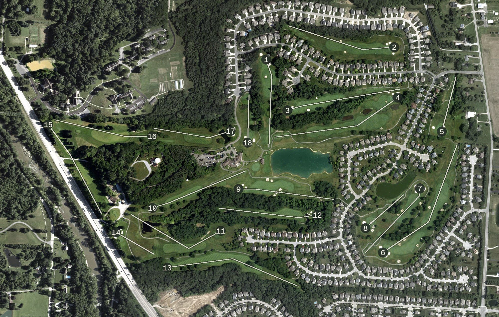 Aerial view of Delaware Golf Club, OH, with its hole routing marked