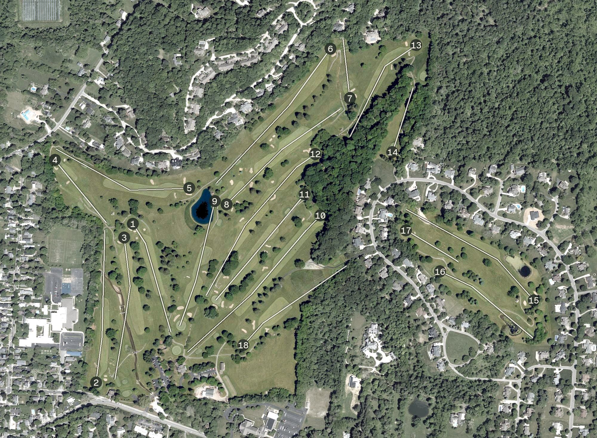 Aerial view of Denison Golf Club, OH, with its hole routing marked