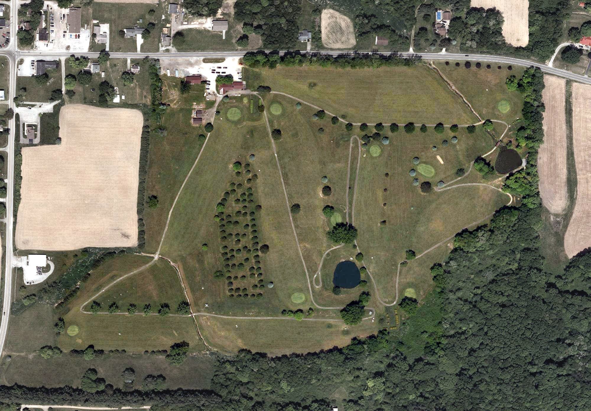 Aerial view of E agle Pass Golf Course, OH, with its hole routing marked