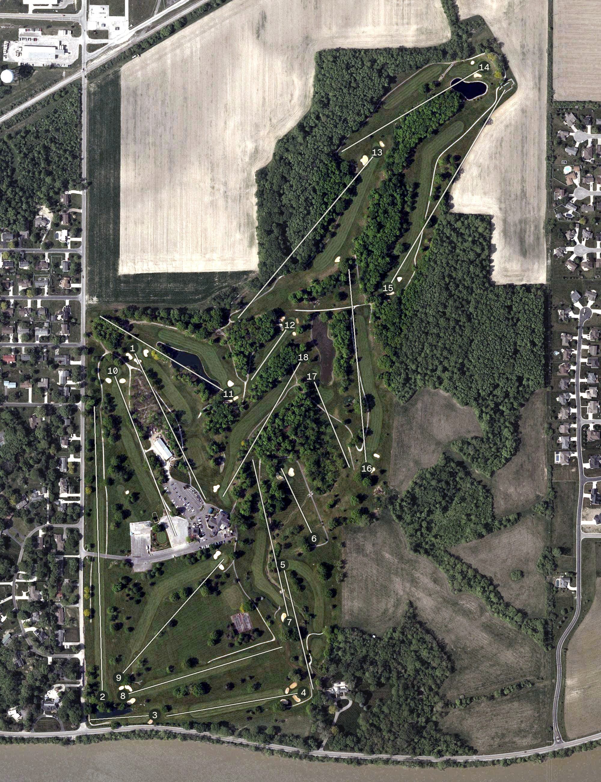 Aerial view of Eagle Rock Golf Club, OH, with its hole routing marked
