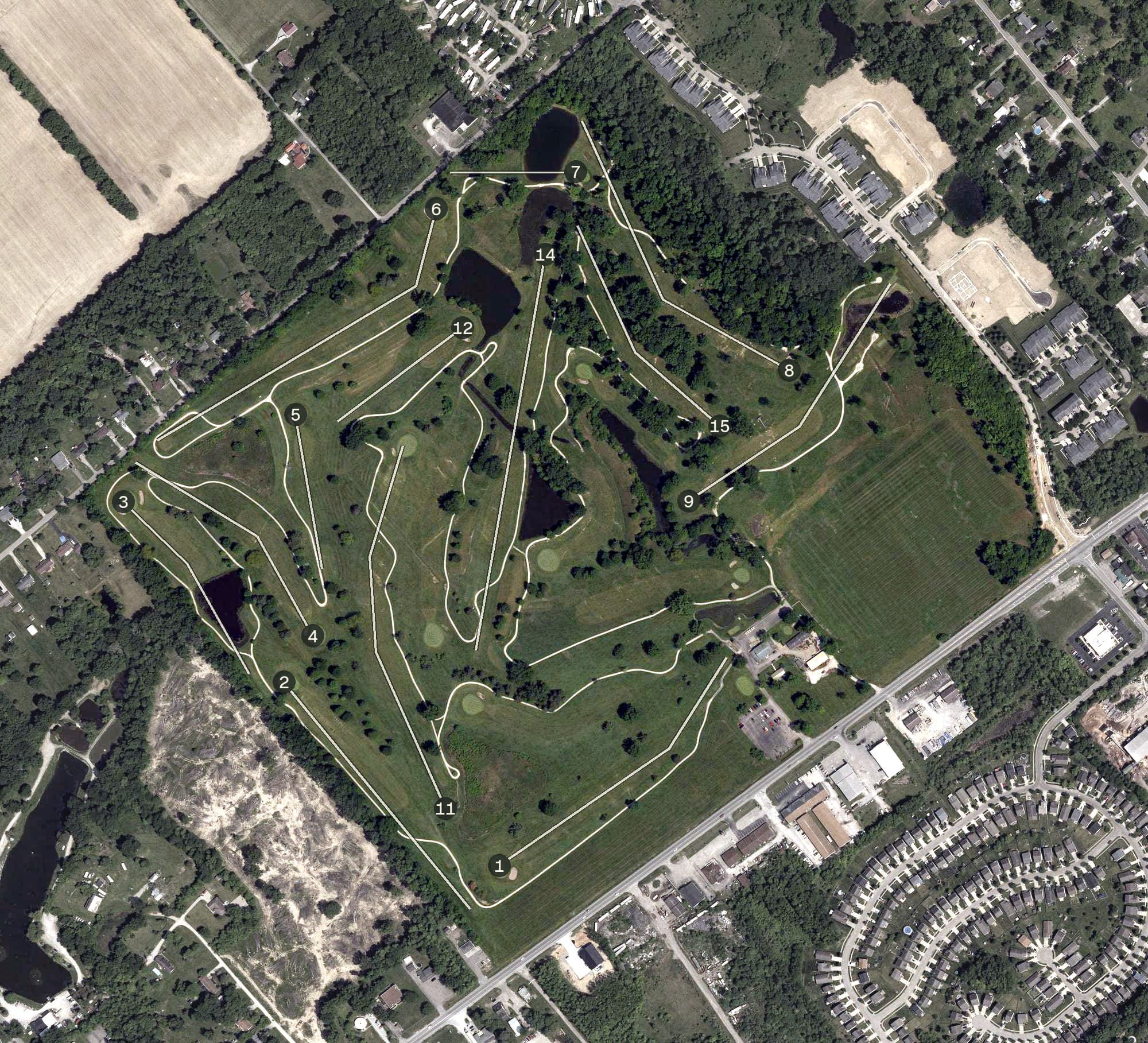 Aerial view of Eagles Nest Golf Course, OH, with its hole routing marked