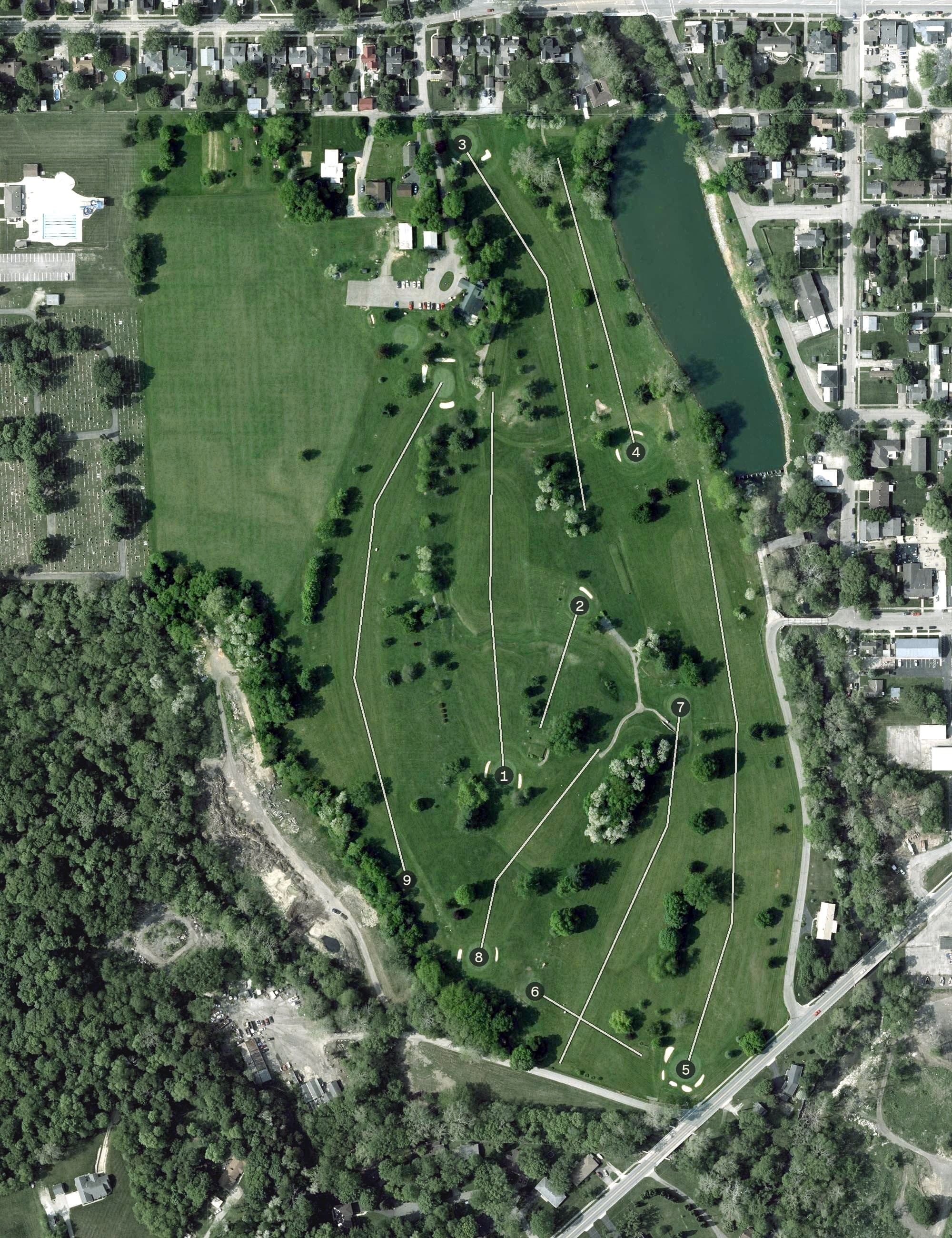 Aerial view of Eaton Country Club, OH, with its hole routing marked