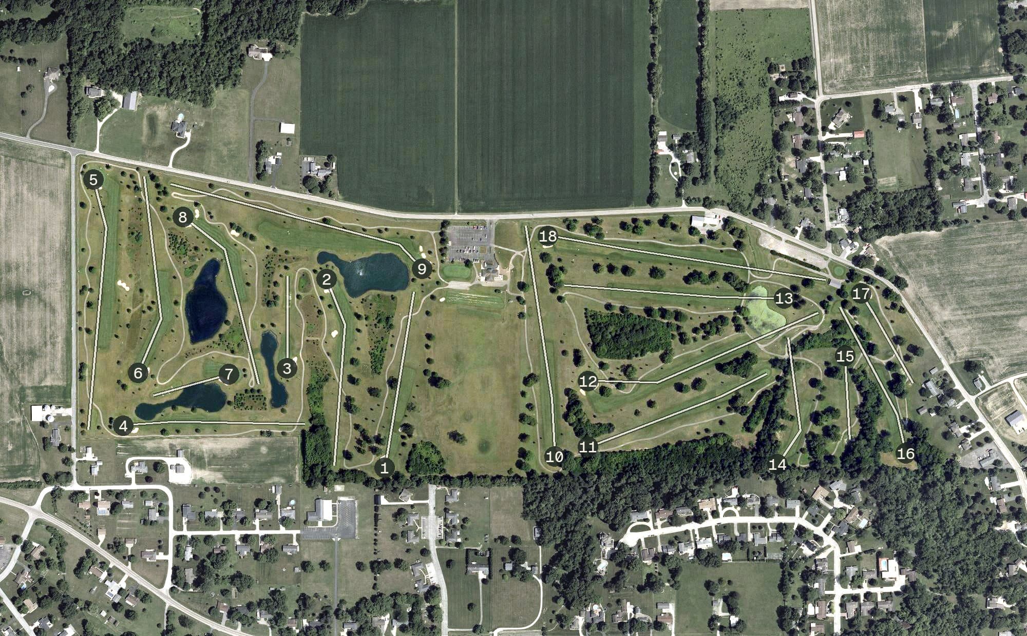 Aerial view of Echo HIlls Golf Course, OH, with its hole routing marked