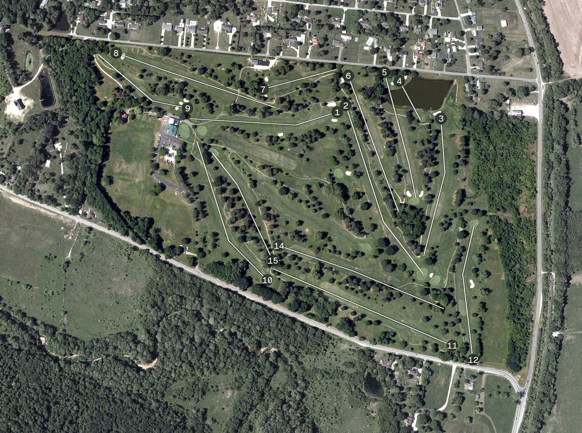 Aerial view of Elks Country Club, OH, with its hole routing marked