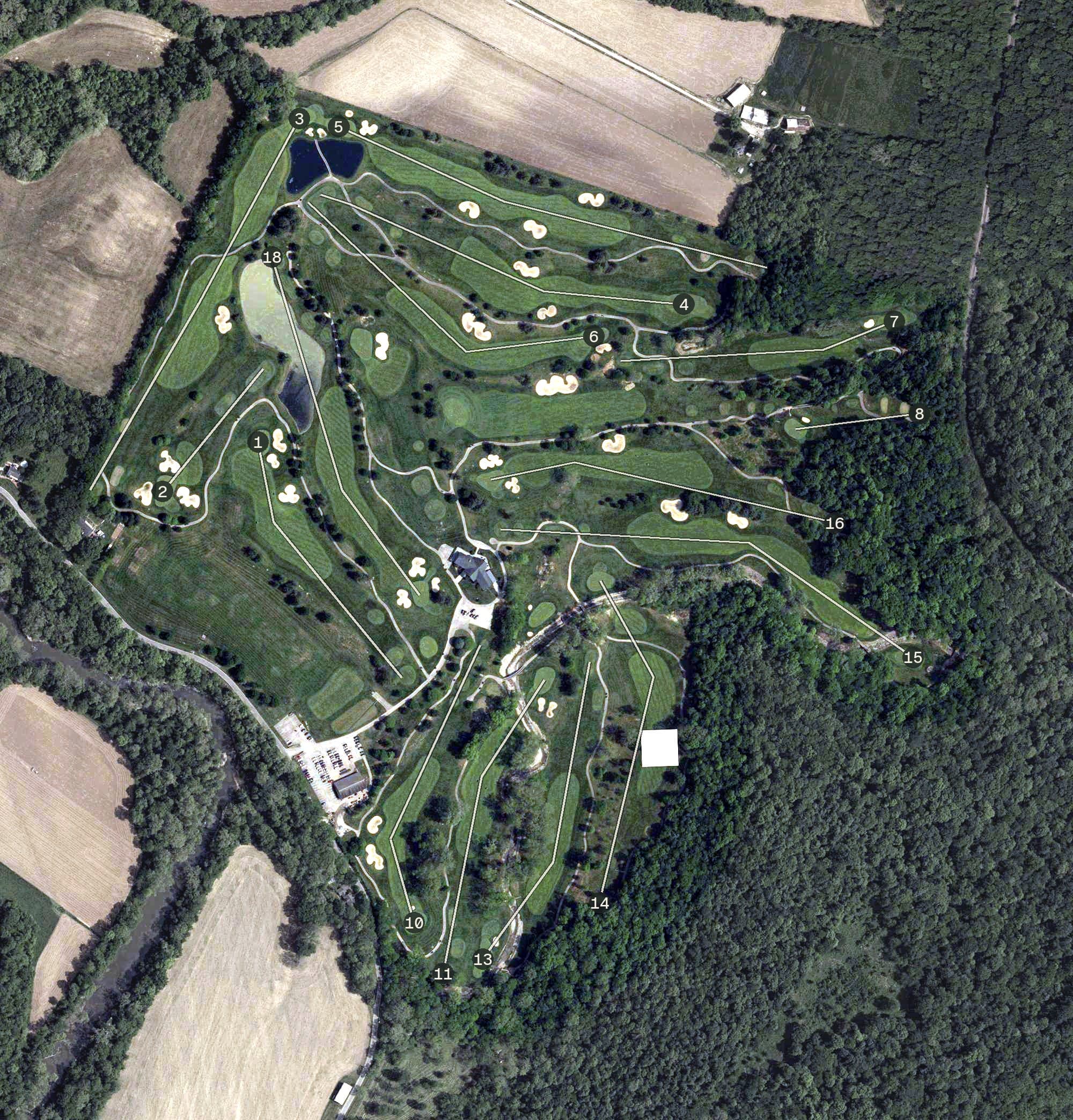Aerial view of Elks Run Golf Club, OH, with its hole routing marked