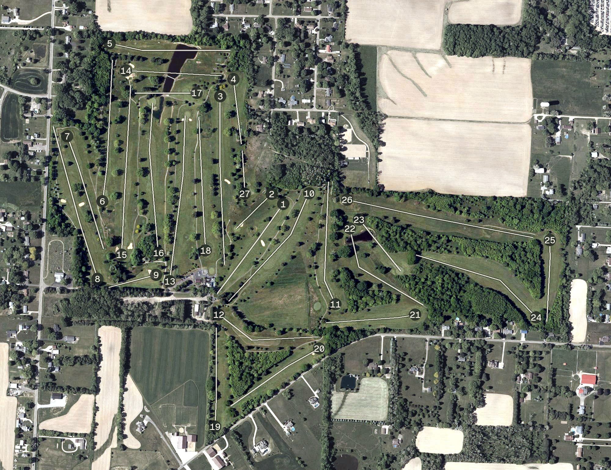 Aerial view of Elms Country Club, OH, with its hole routing marked