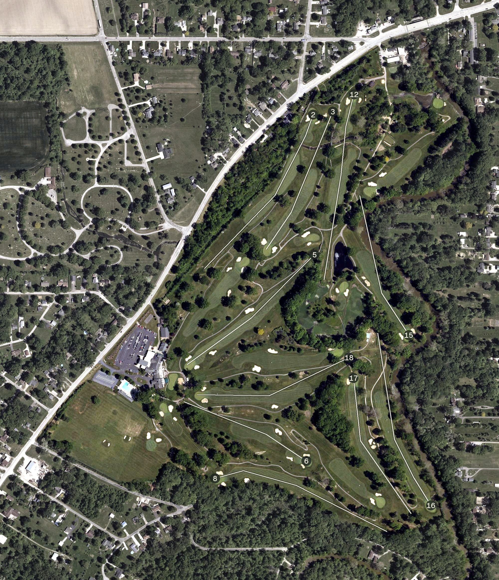 Aerial view of Elyria Country Club, OH, with its hole routing marked
