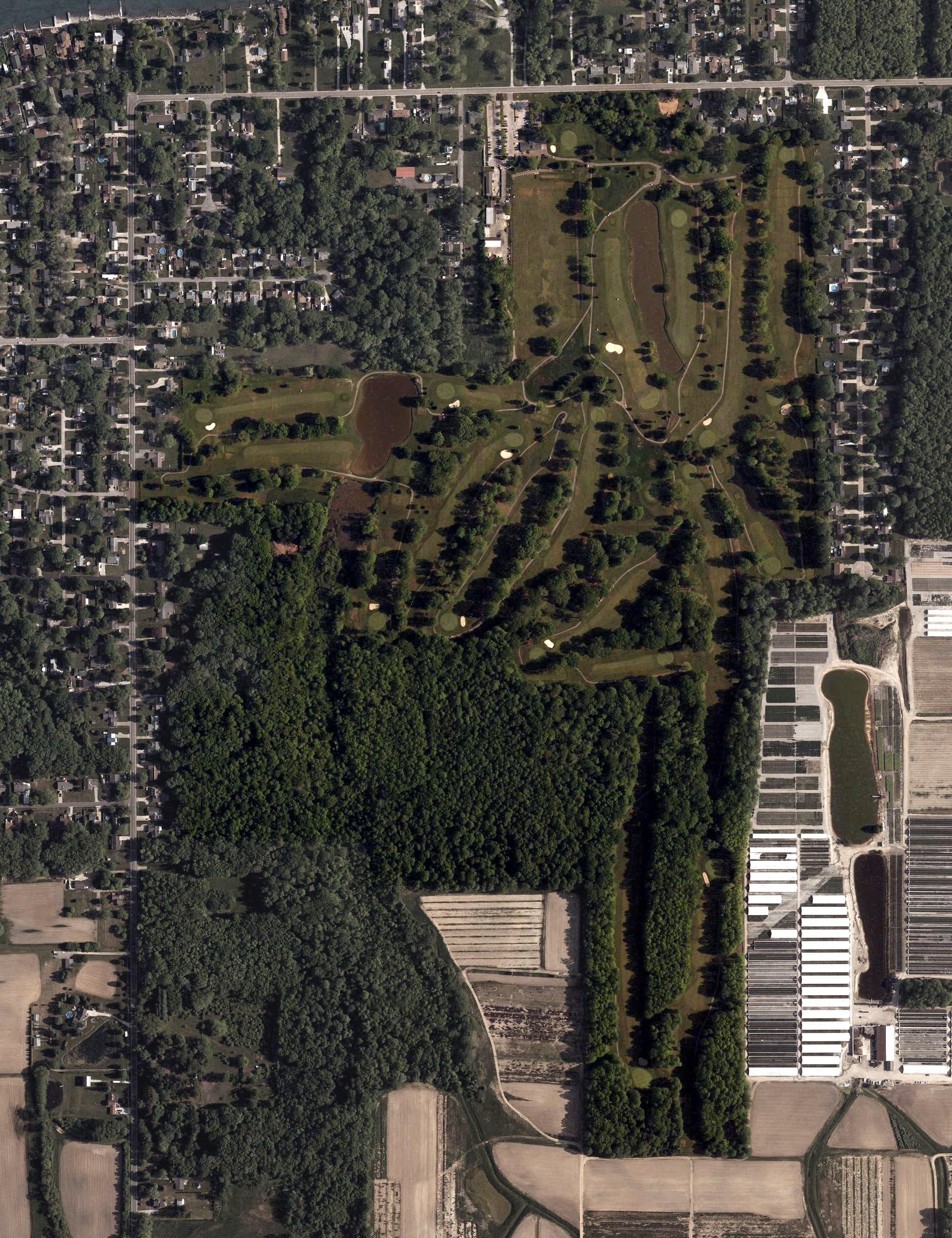 Aerial view of Erie Shores Golf Course, OH, with its hole routing marked