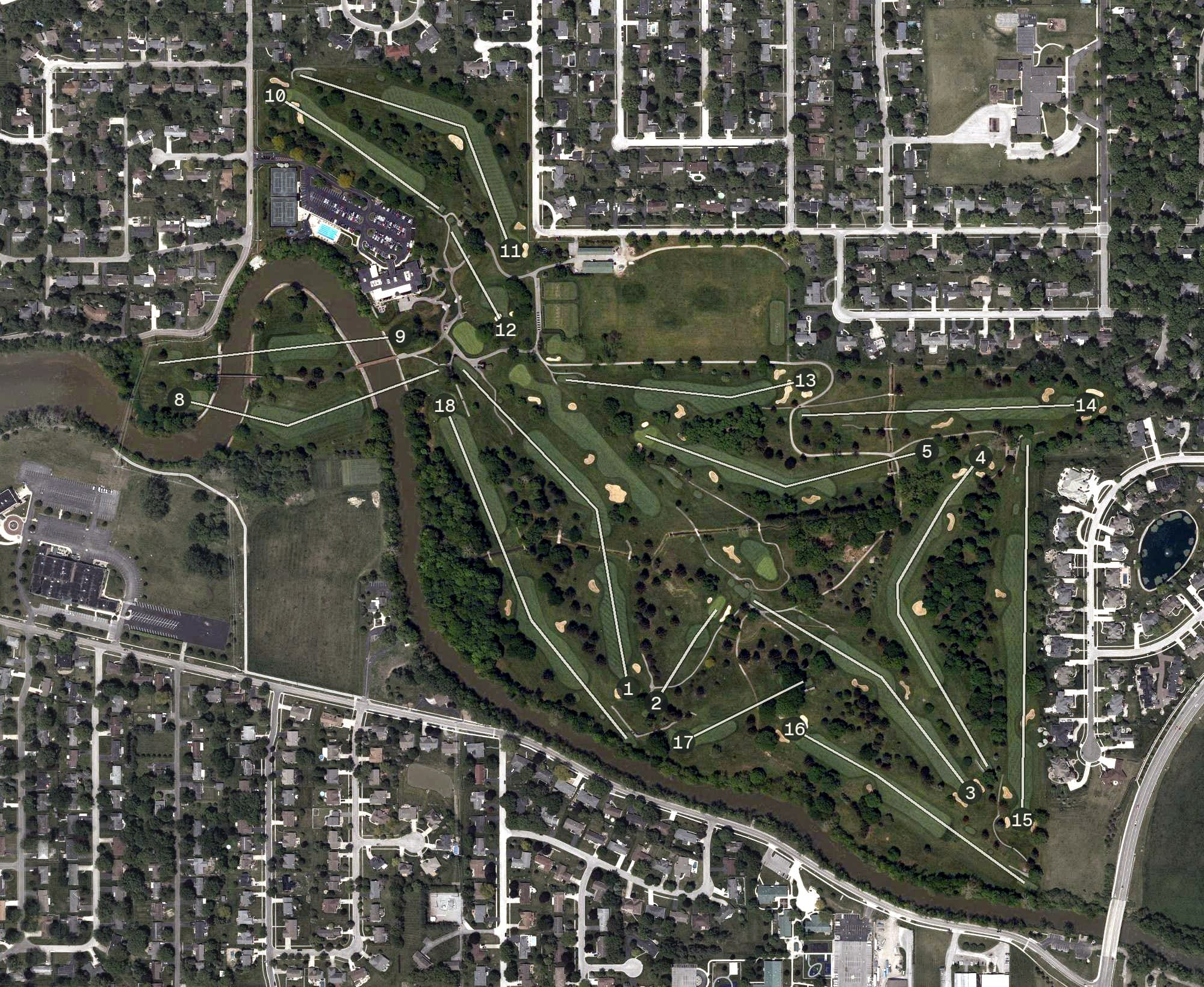 Aerial view of Findlay Country Club, OH, with its hole routing marked