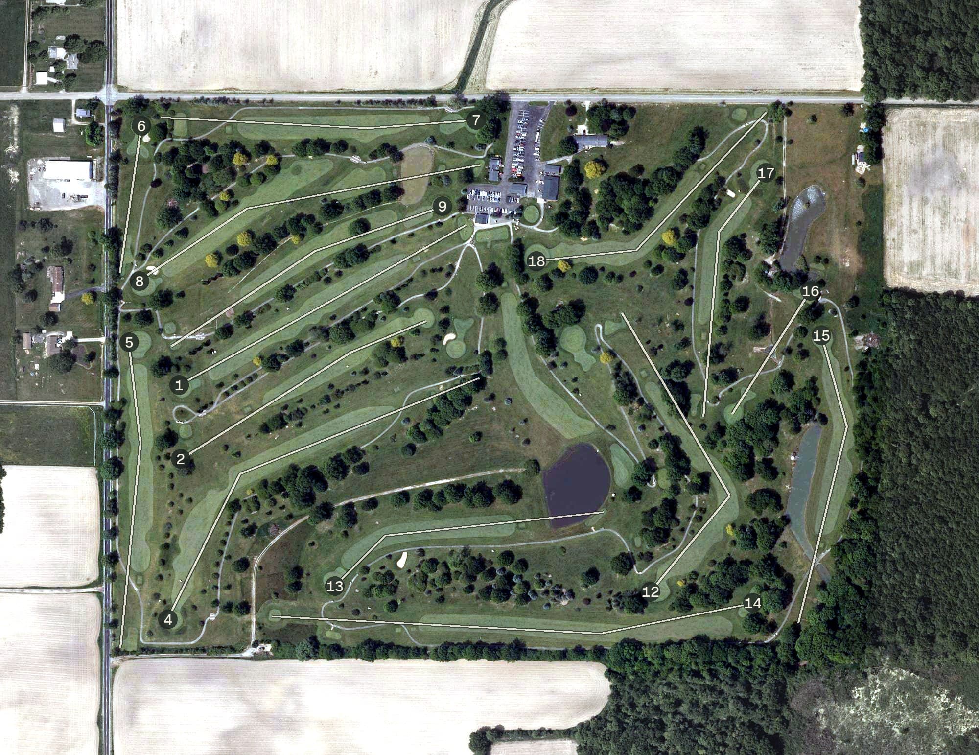 Aerial view of Flying "B" Golf Course, OH, with its hole routing marked