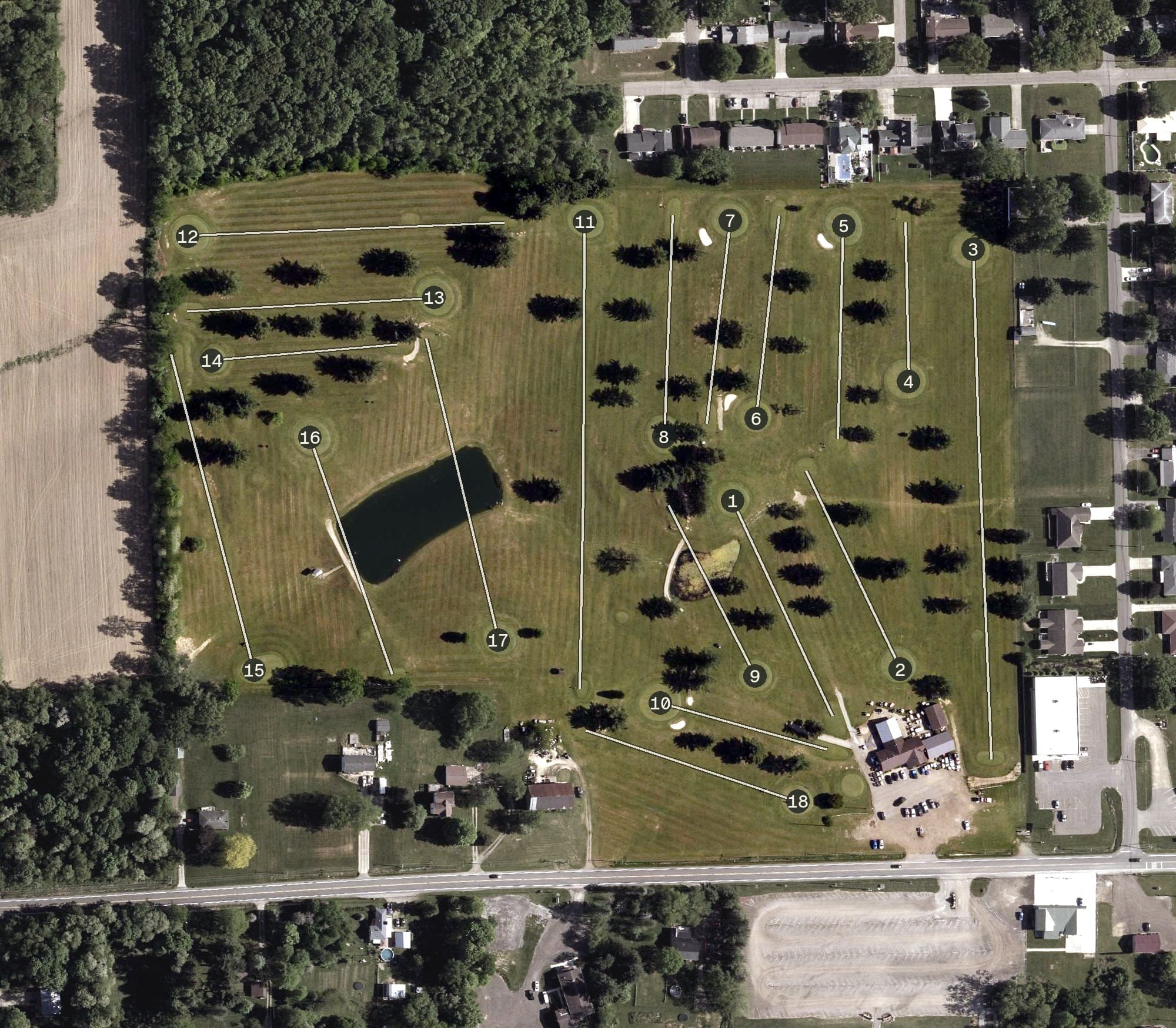 Aerial view of Forest Hills Golf Course, OH, with its hole routing marked