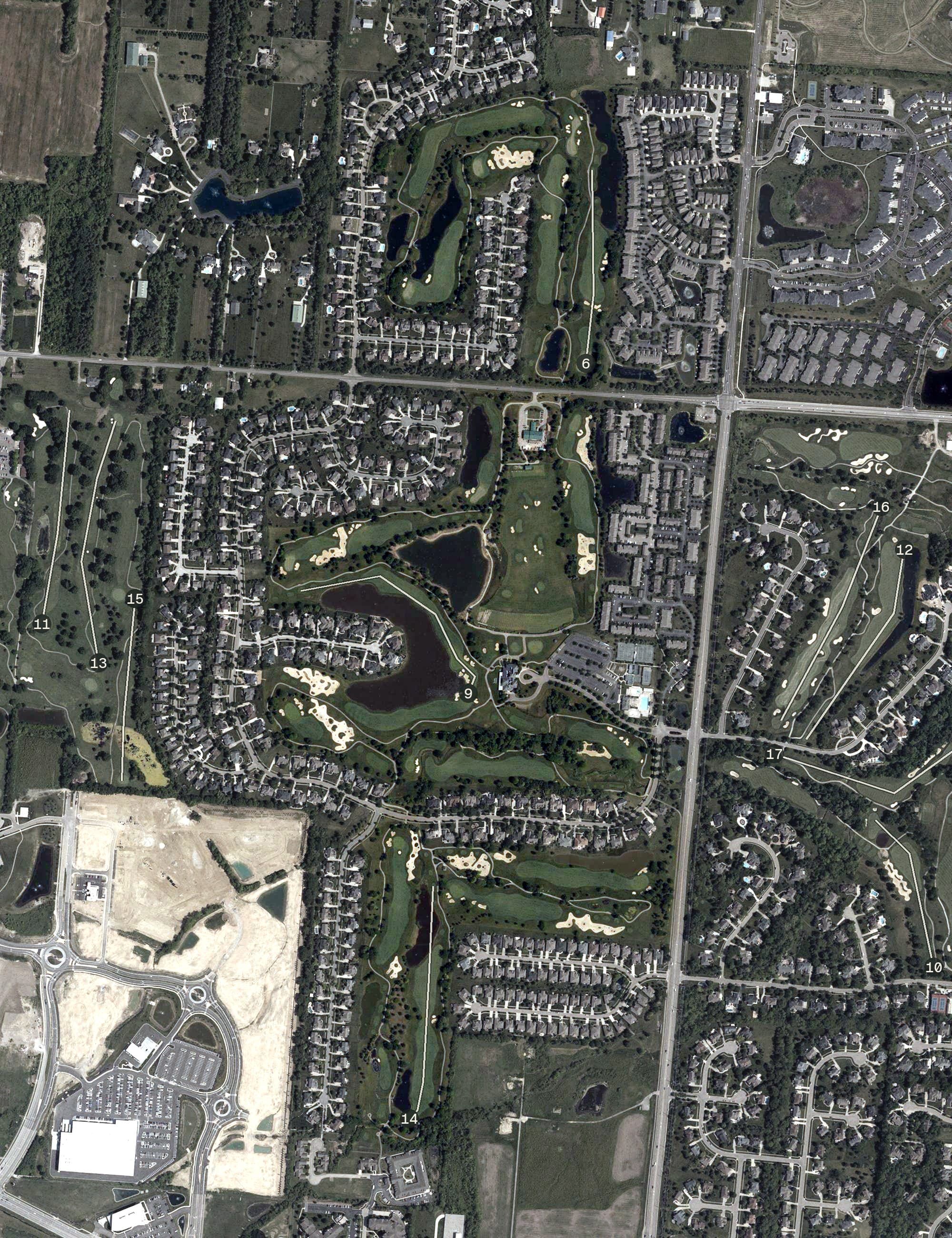 Aerial view of Four Bridges Country Club, OH, with its hole routing marked
