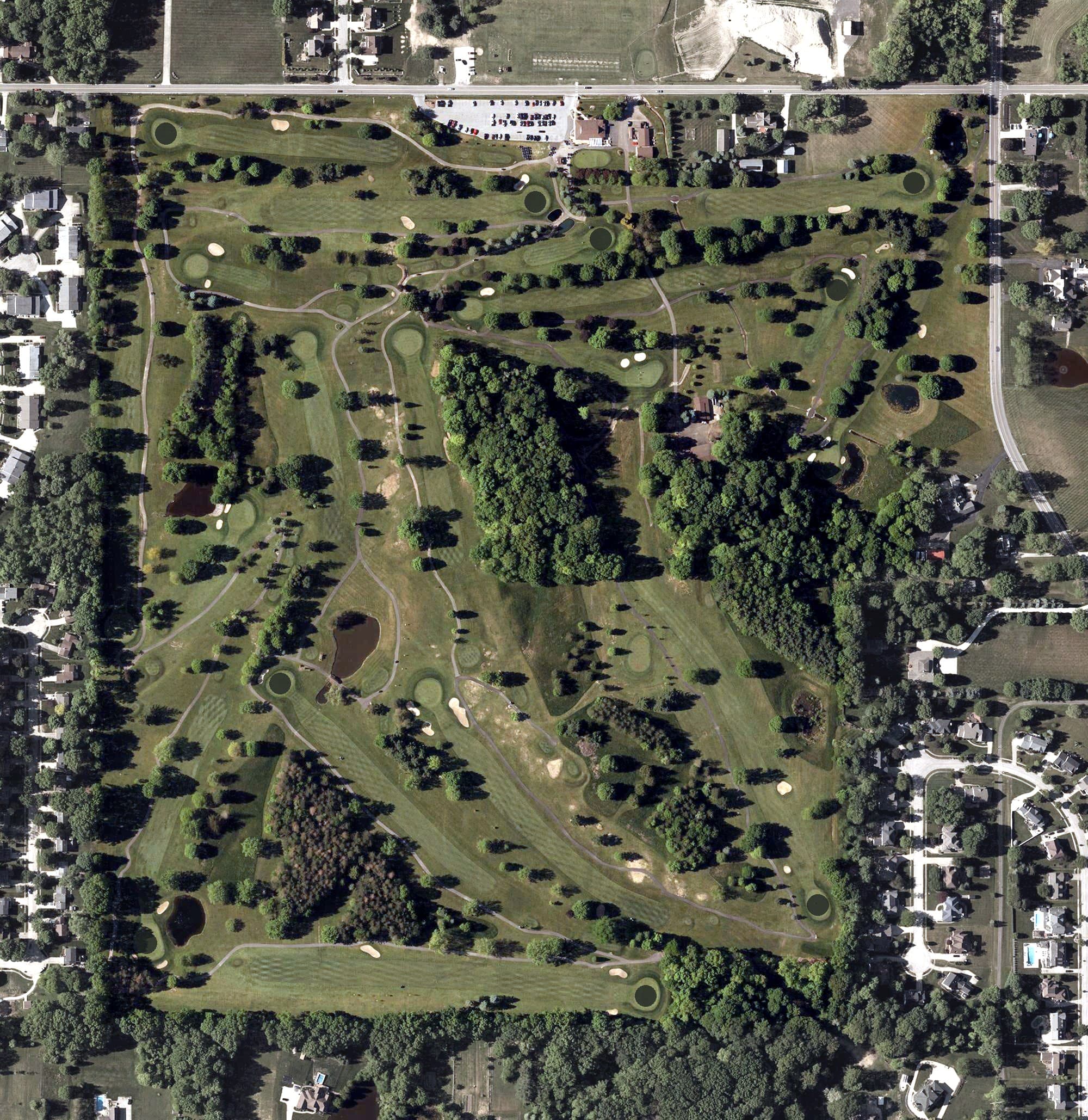 Aerial view of Fox Den Golf Course, OH, with its hole routing marked
