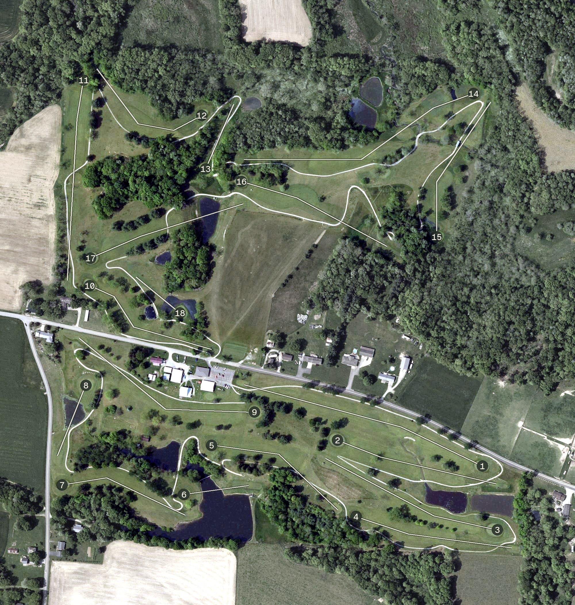 Aerial view of Fuller's Fairways, OH, with its hole routing marked