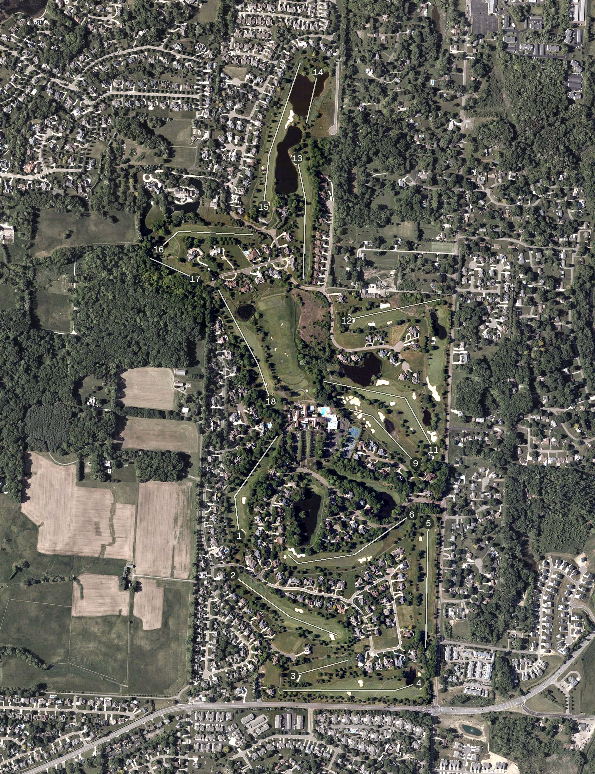 Aerial view of Glenmoor Country Club, OH, with its hole routing marked