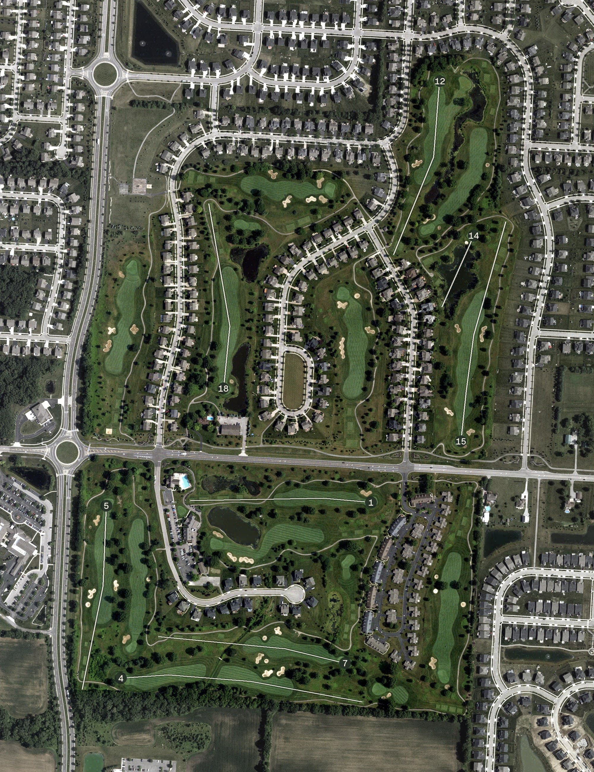 Aerial view of Glenross Golf Club, OH, with its hole routing marked