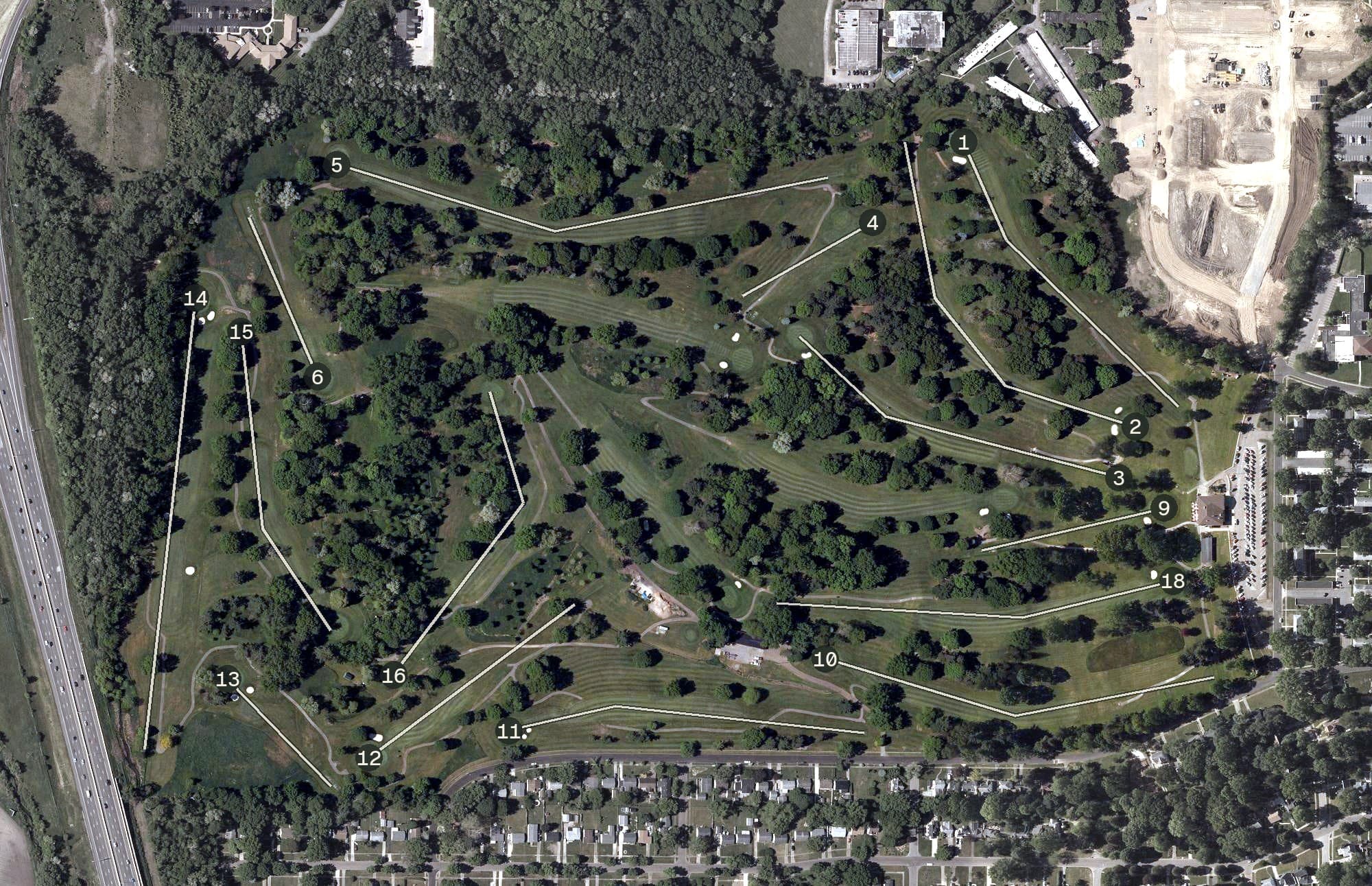 Aerial view of Goodpark Golf Course, OH, with its hole routing marked