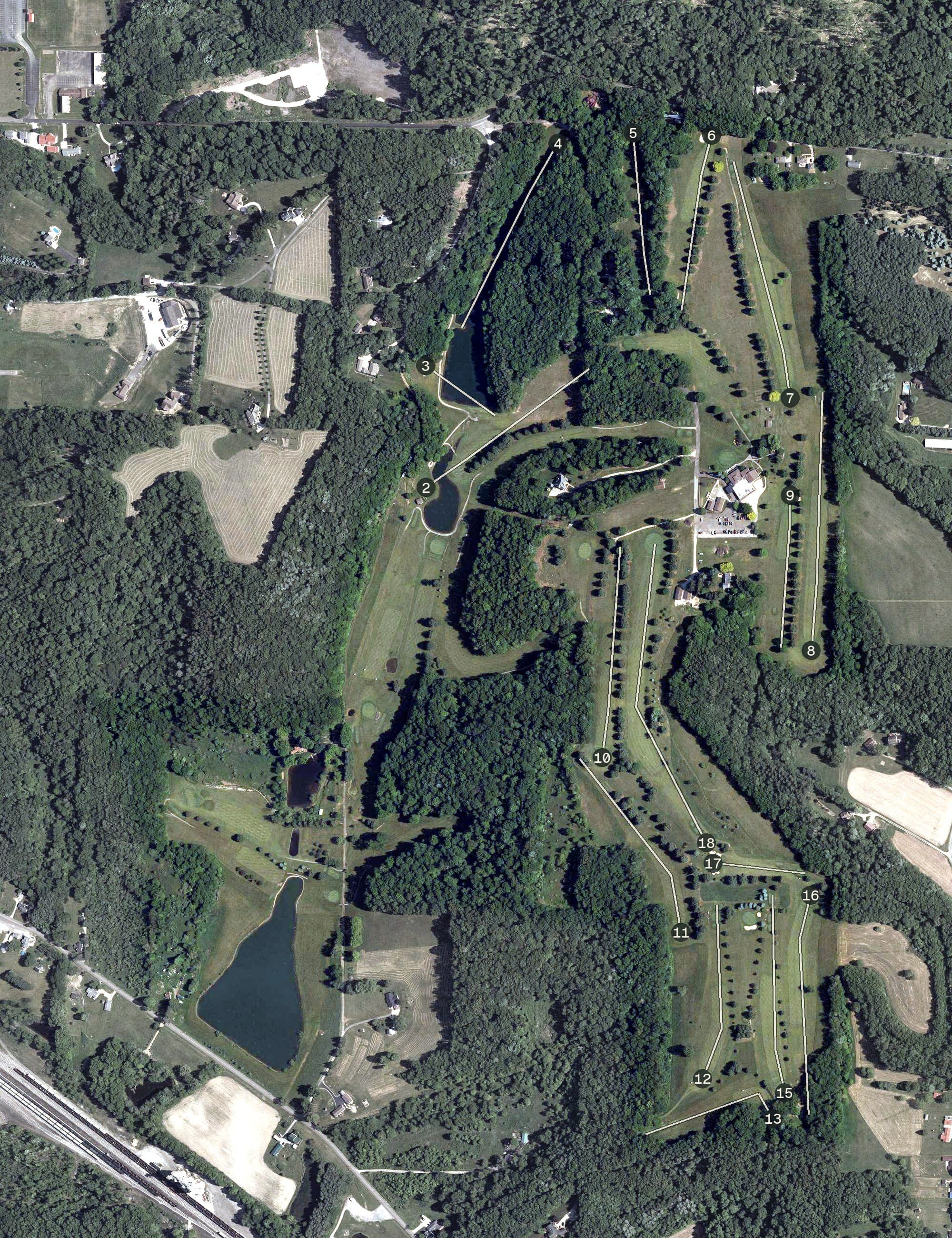 Aerial view of Great Trail Golf Course, OH, with its hole routing marked