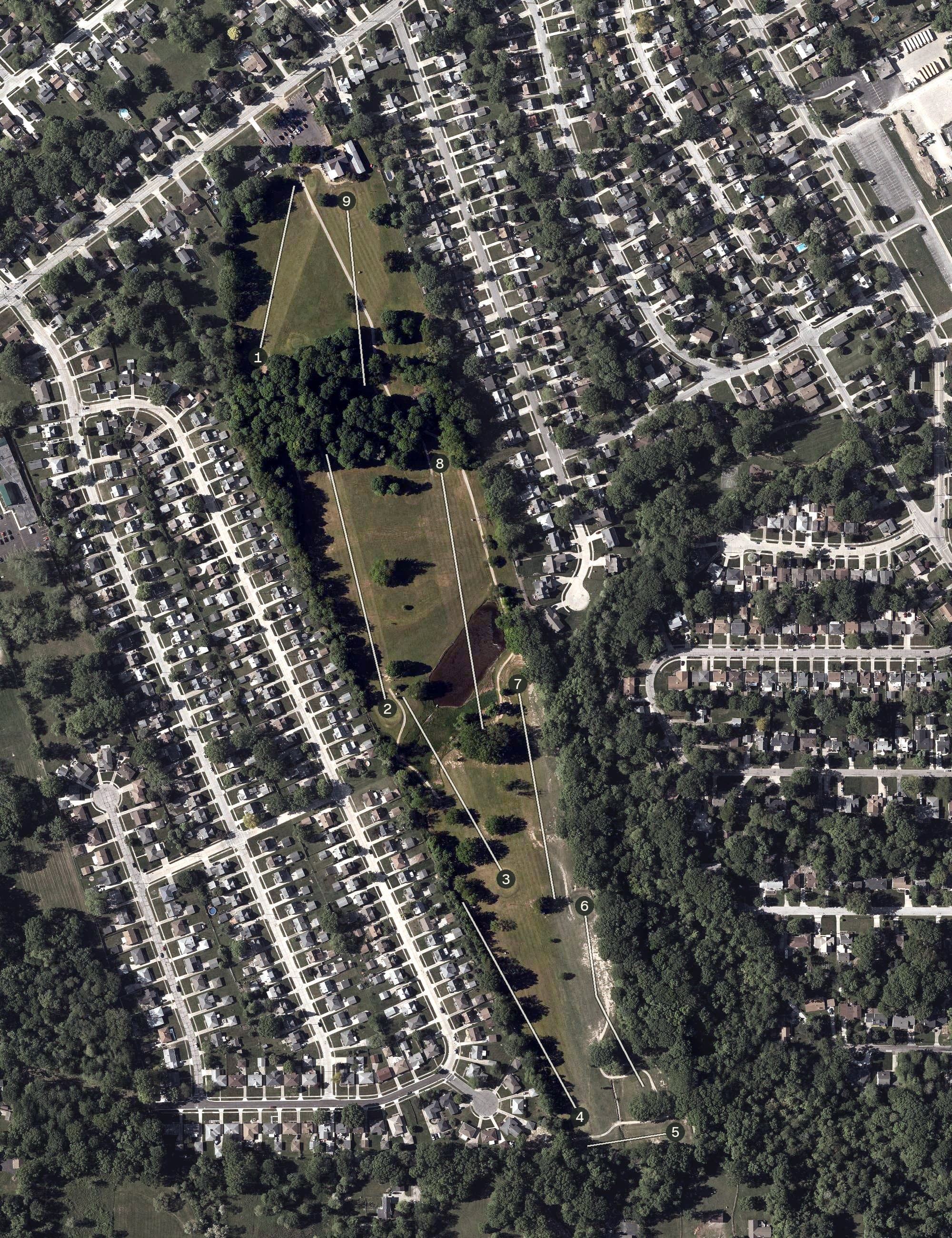 Aerial view of Green Ridge Public Golf Course, OH, with its hole routing marked