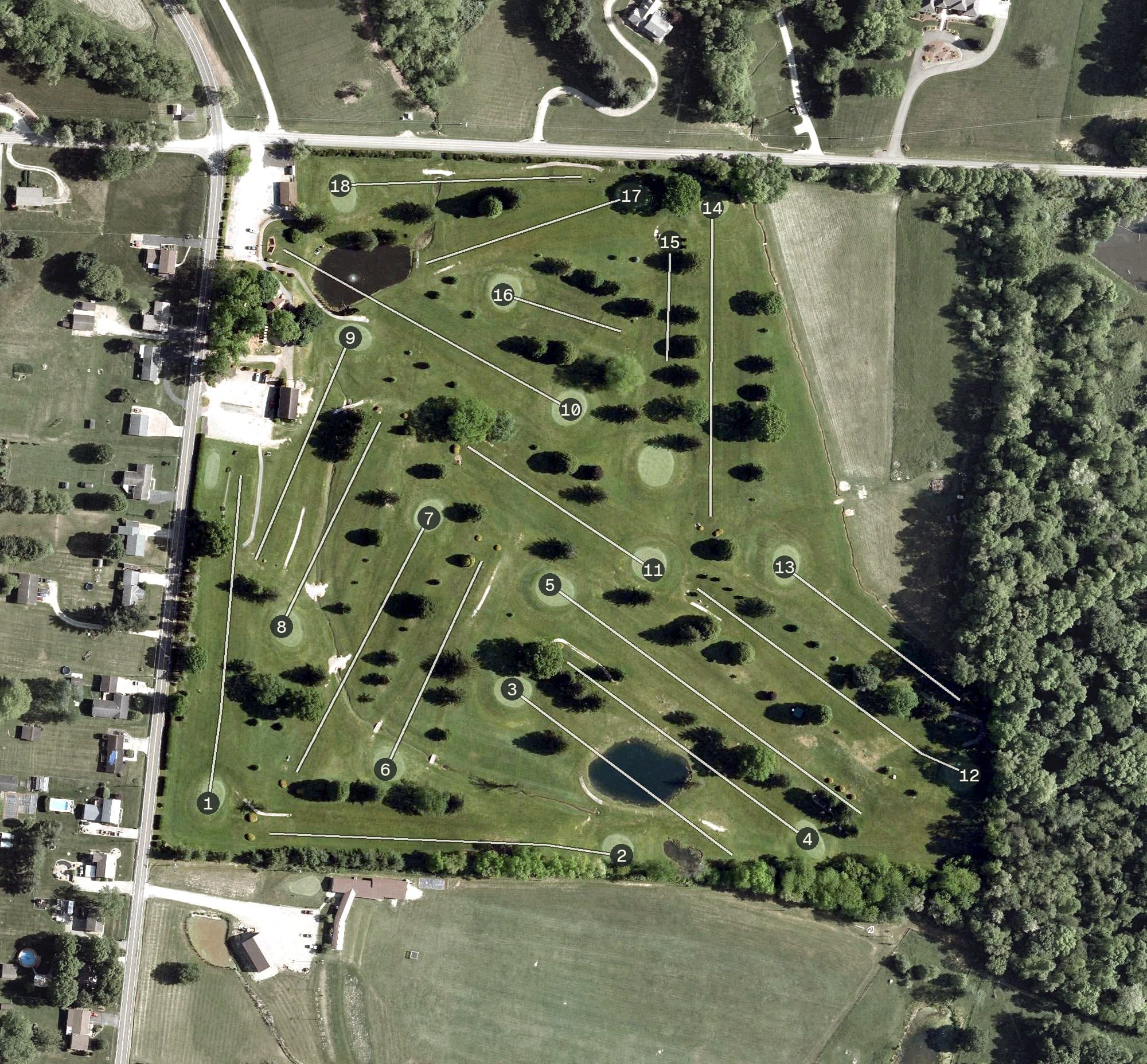 Aerial view of Green Valley Golf Course, OH, with its hole routing marked