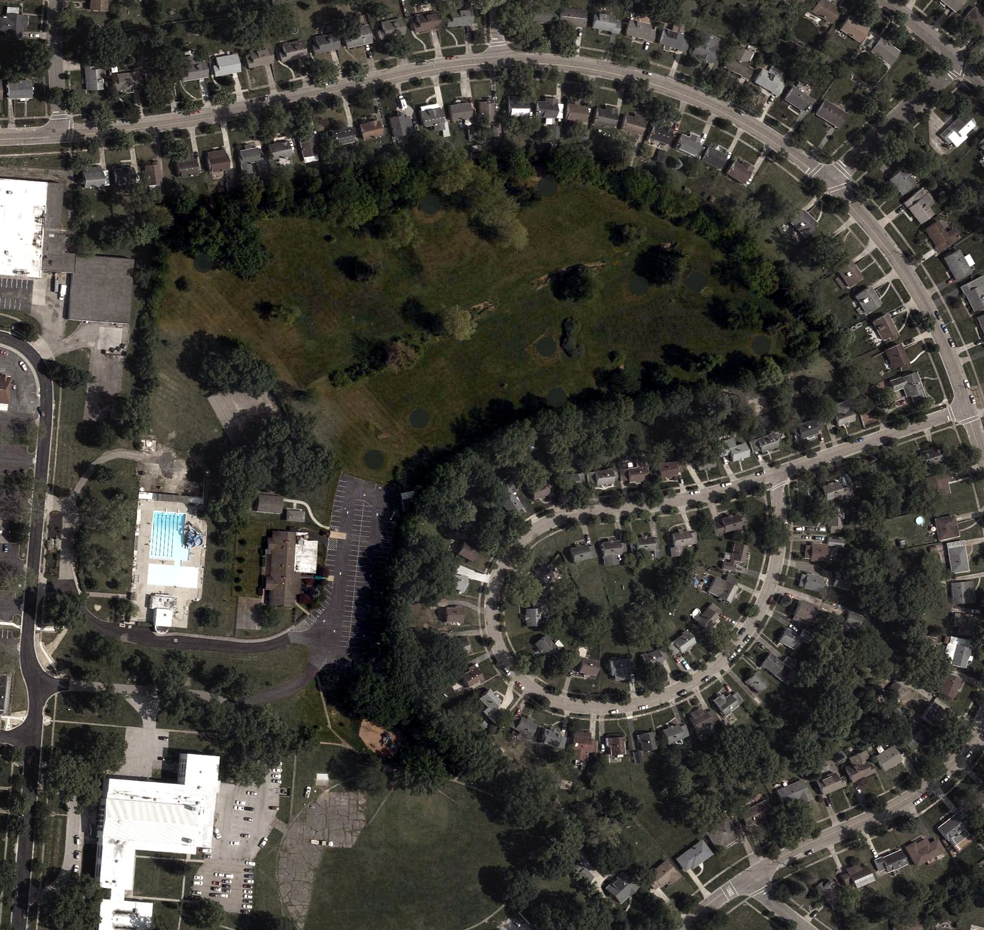 Aerial view of Greenhills Golf Course, OH, with its hole routing marked