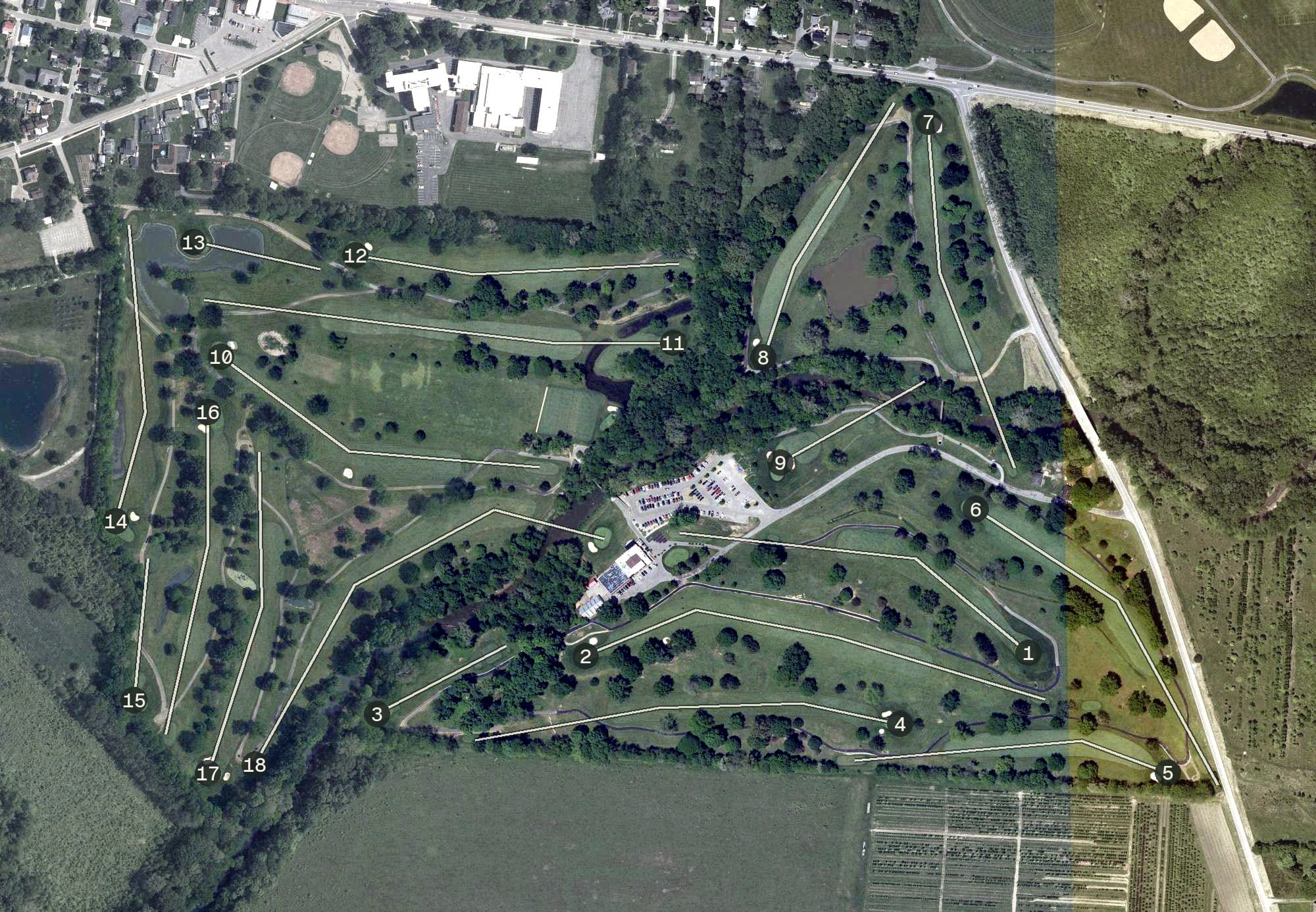 Aerial view of Groveport Municipal Golf Course, OH, with its hole routing marked