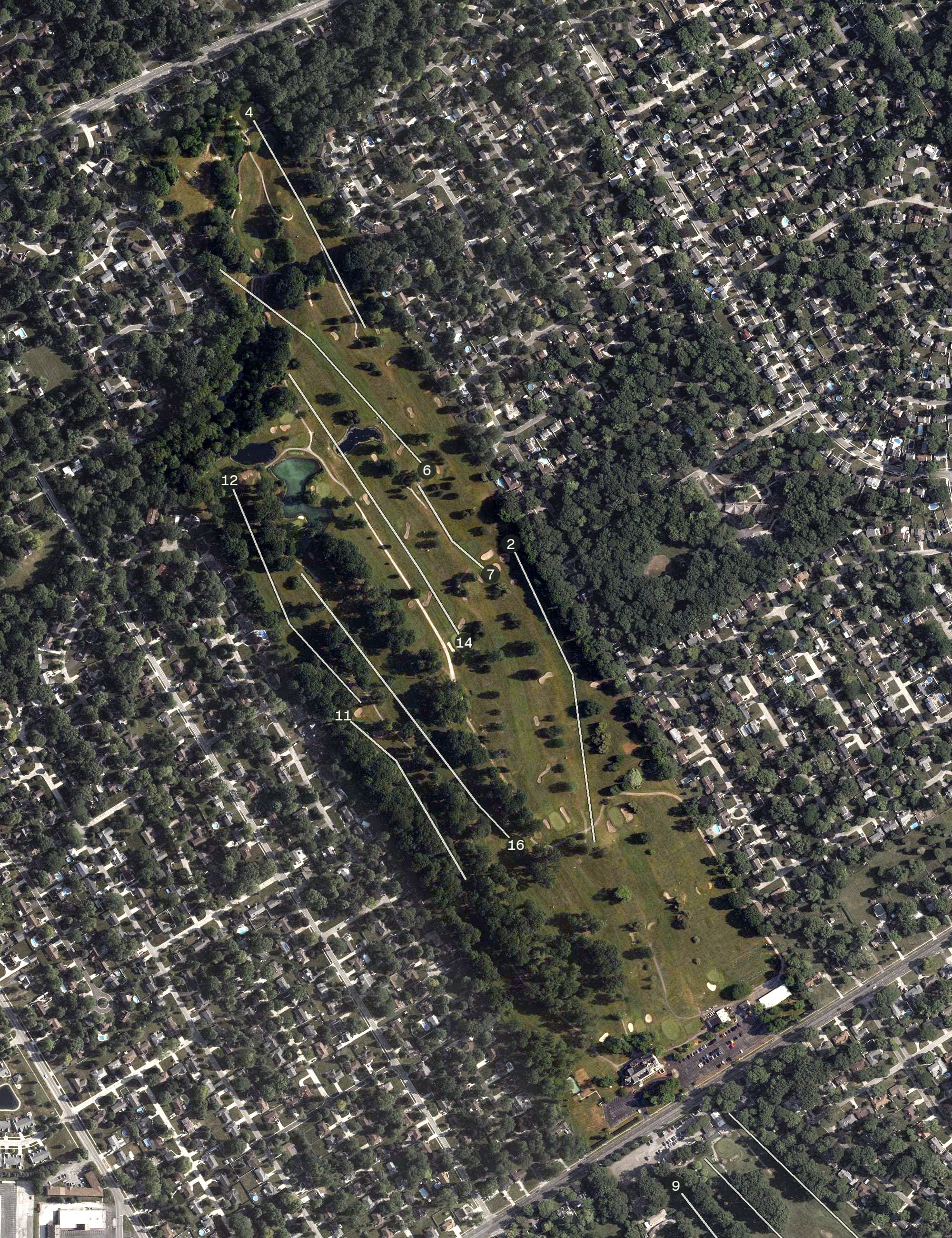 Aerial view of Heather Downs Country Club, OH, with its hole routing marked