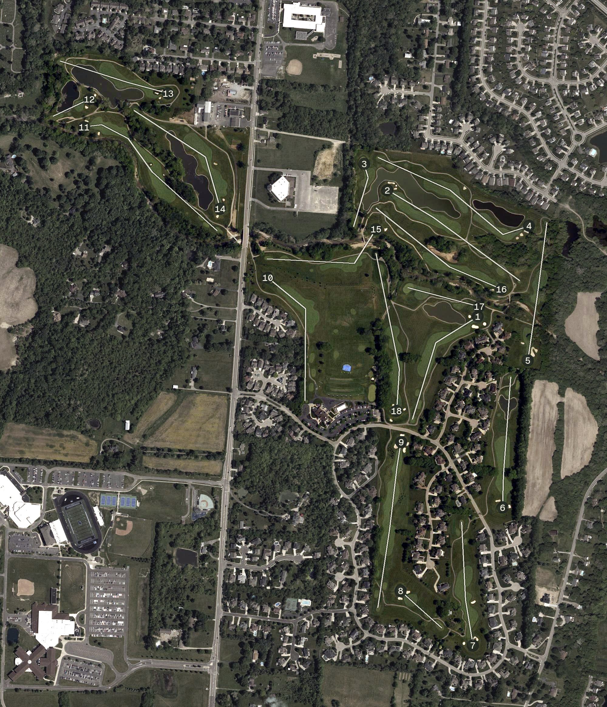 Aerial view of Heatherwoode Golf Club, OH, with its hole routing marked