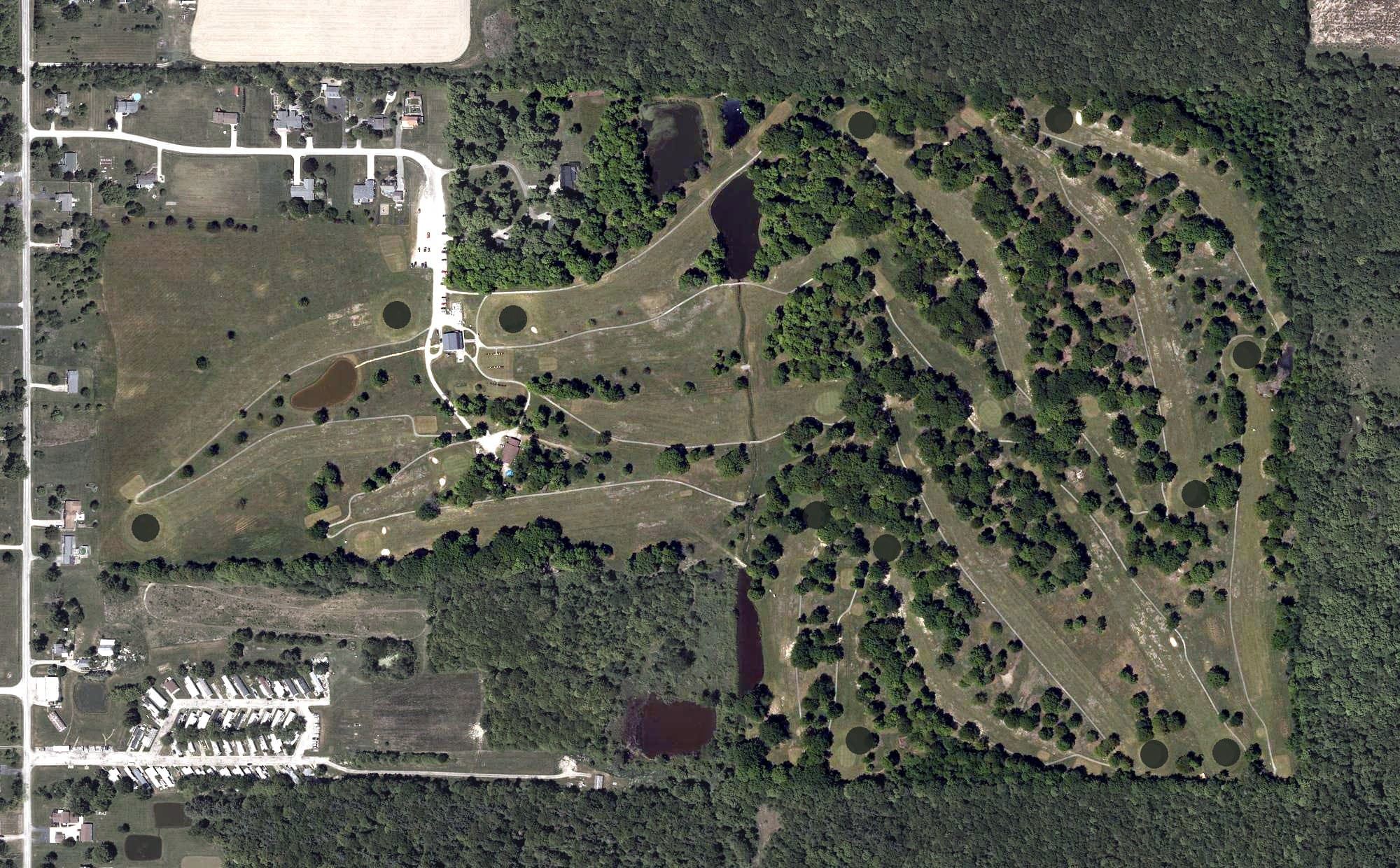 Aerial view of Hickory Grove Golf Club, OH, with its hole routing marked
