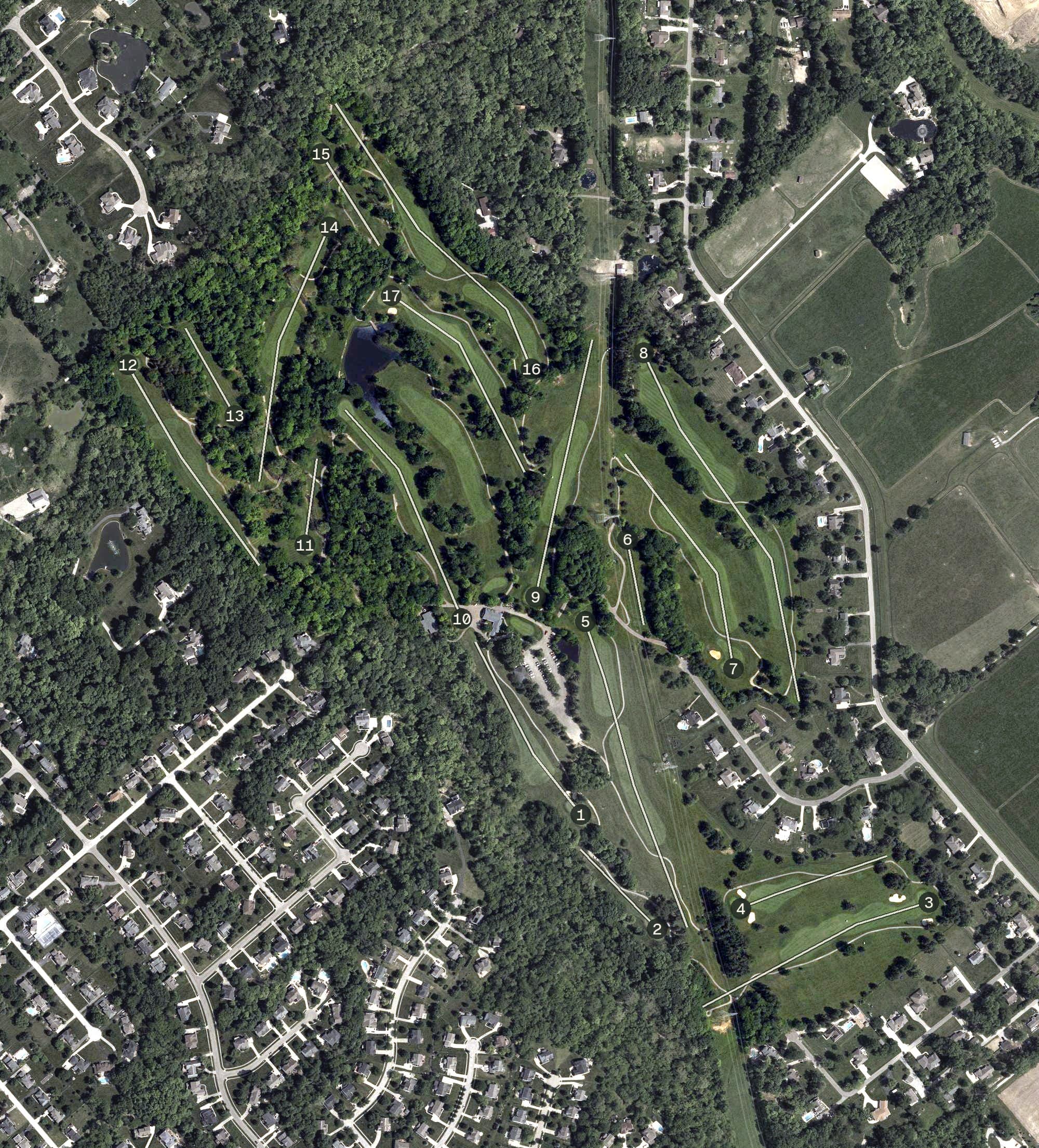 Aerial view of Hickory Woods Golf Course, OH, with its hole routing marked