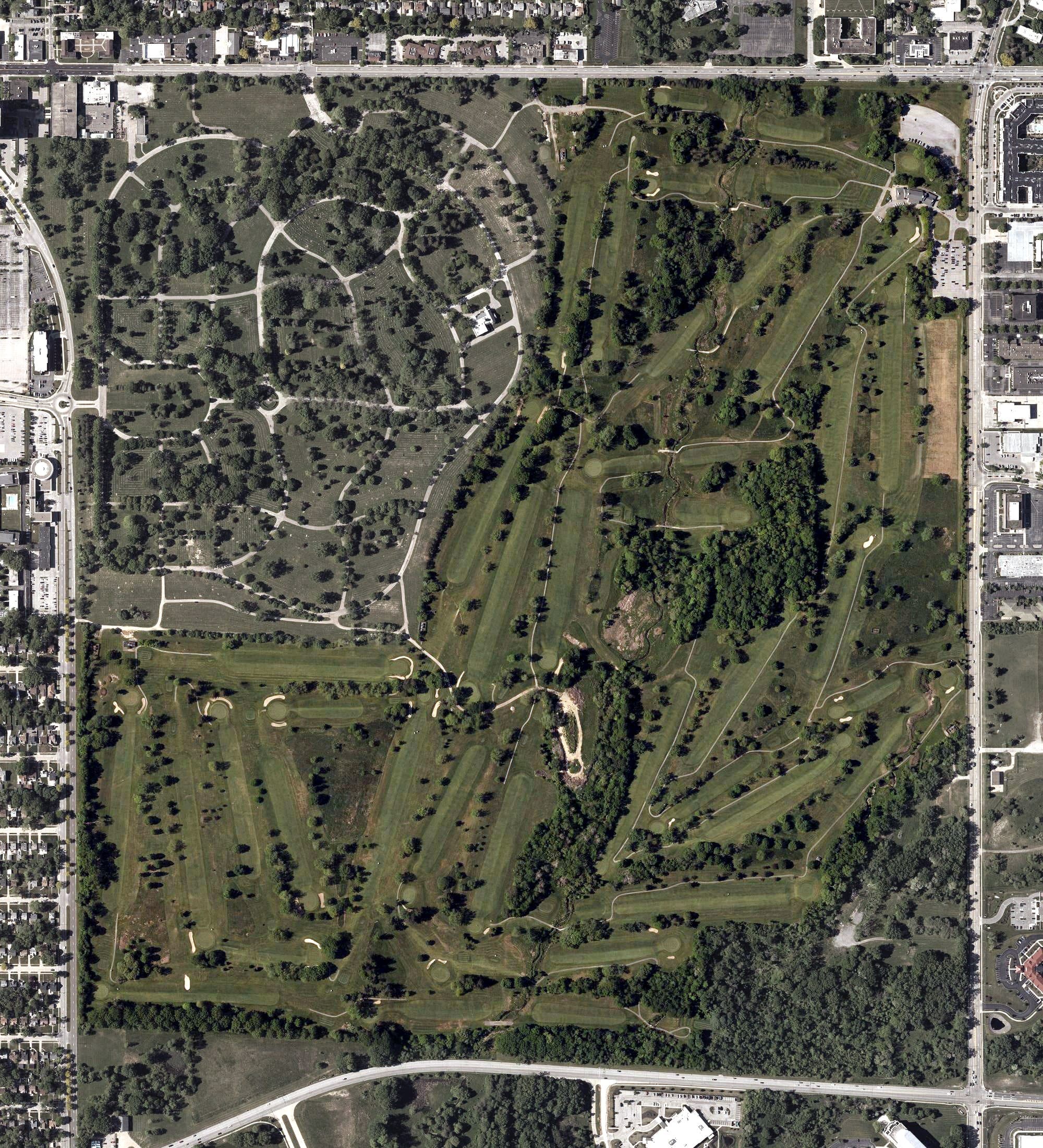 Aerial view of Highland Park Golf Course, OH, with its hole routing marked