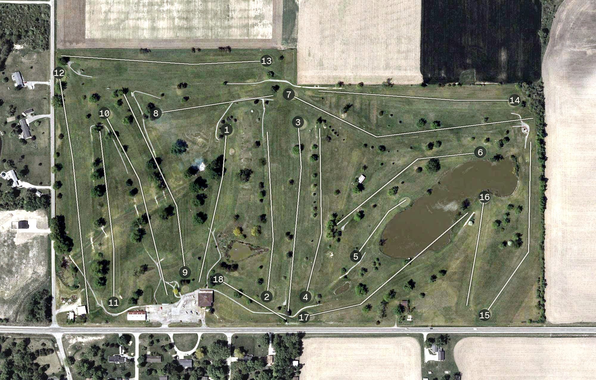 Aerial view of Hillcrest Golf Course, OH, with its hole routing marked