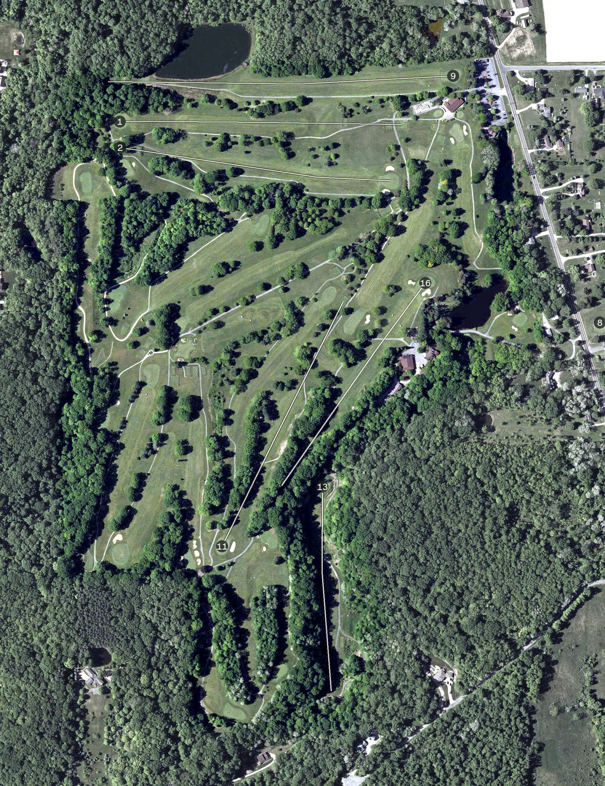 Aerial view of Hinckley Hills Golf Course, OH, with its hole routing marked
