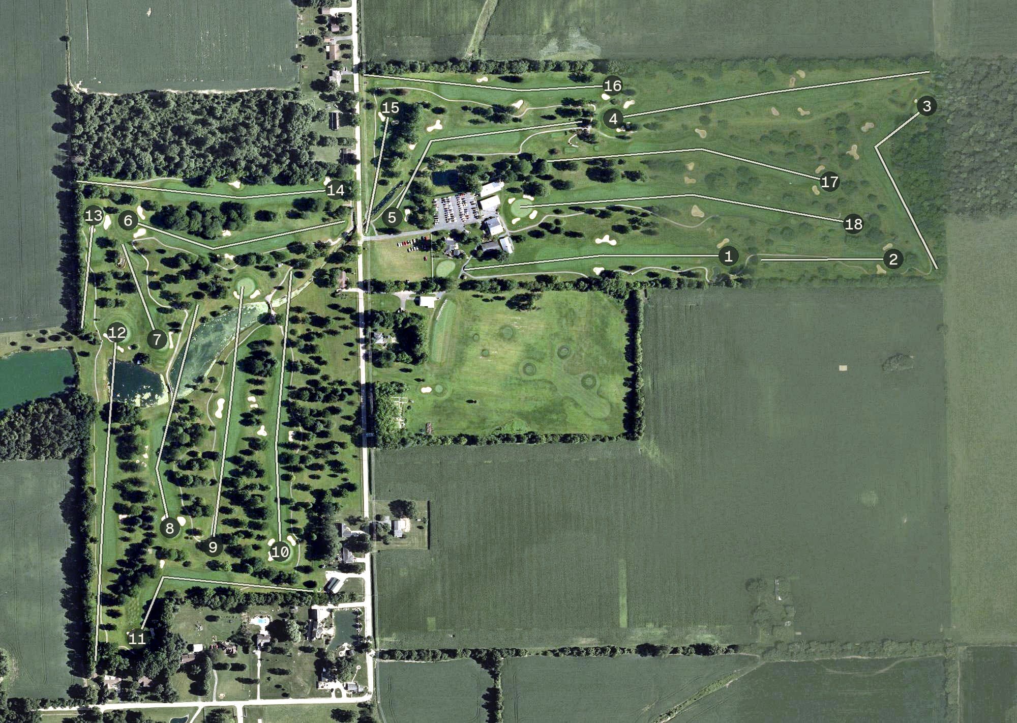 Aerial view of Homestead Golf Course, OH, with its hole routing marked