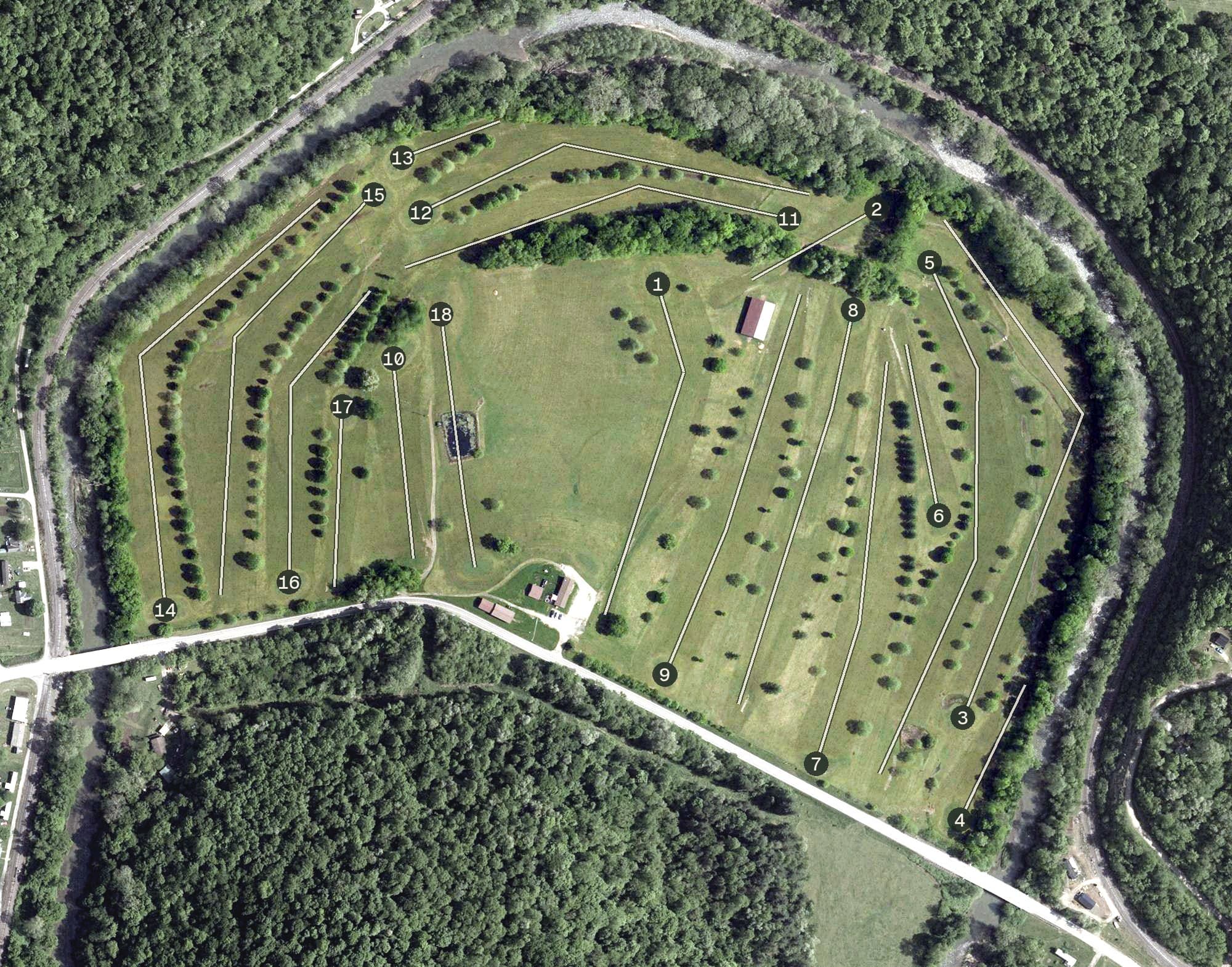 Aerial view of Horseshoe Bend Golf Course, OH, with its hole routing marked