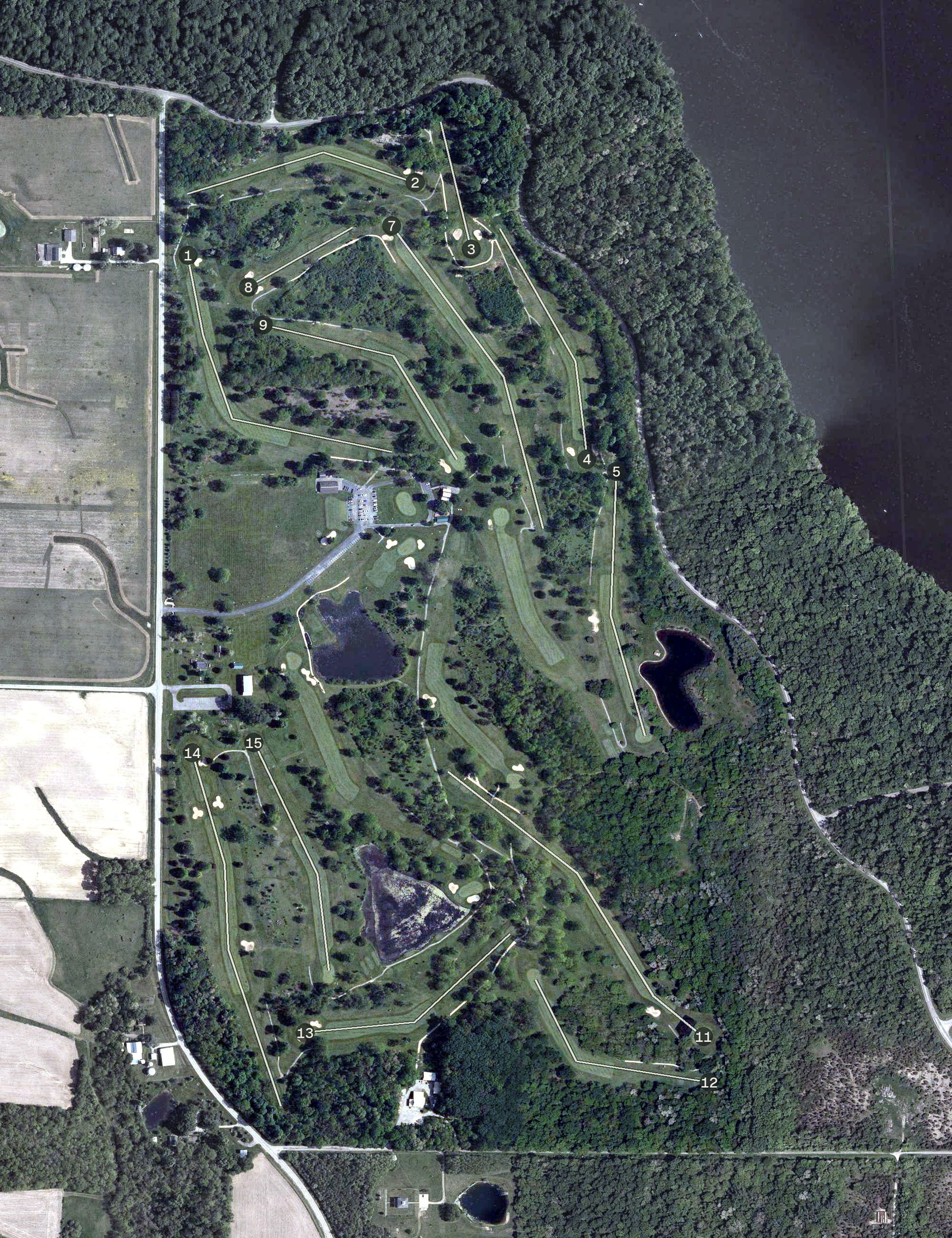 Aerial view of Hueston Woods State Park Golf Course, OH, with its hole routing marked
