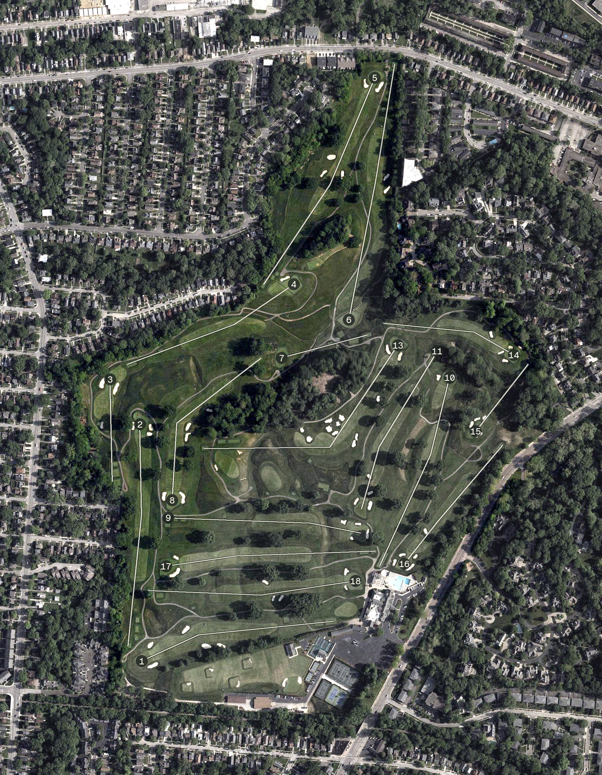 Aerial view of Hyde Park Golf & Country Club, OH, with its hole routing marked