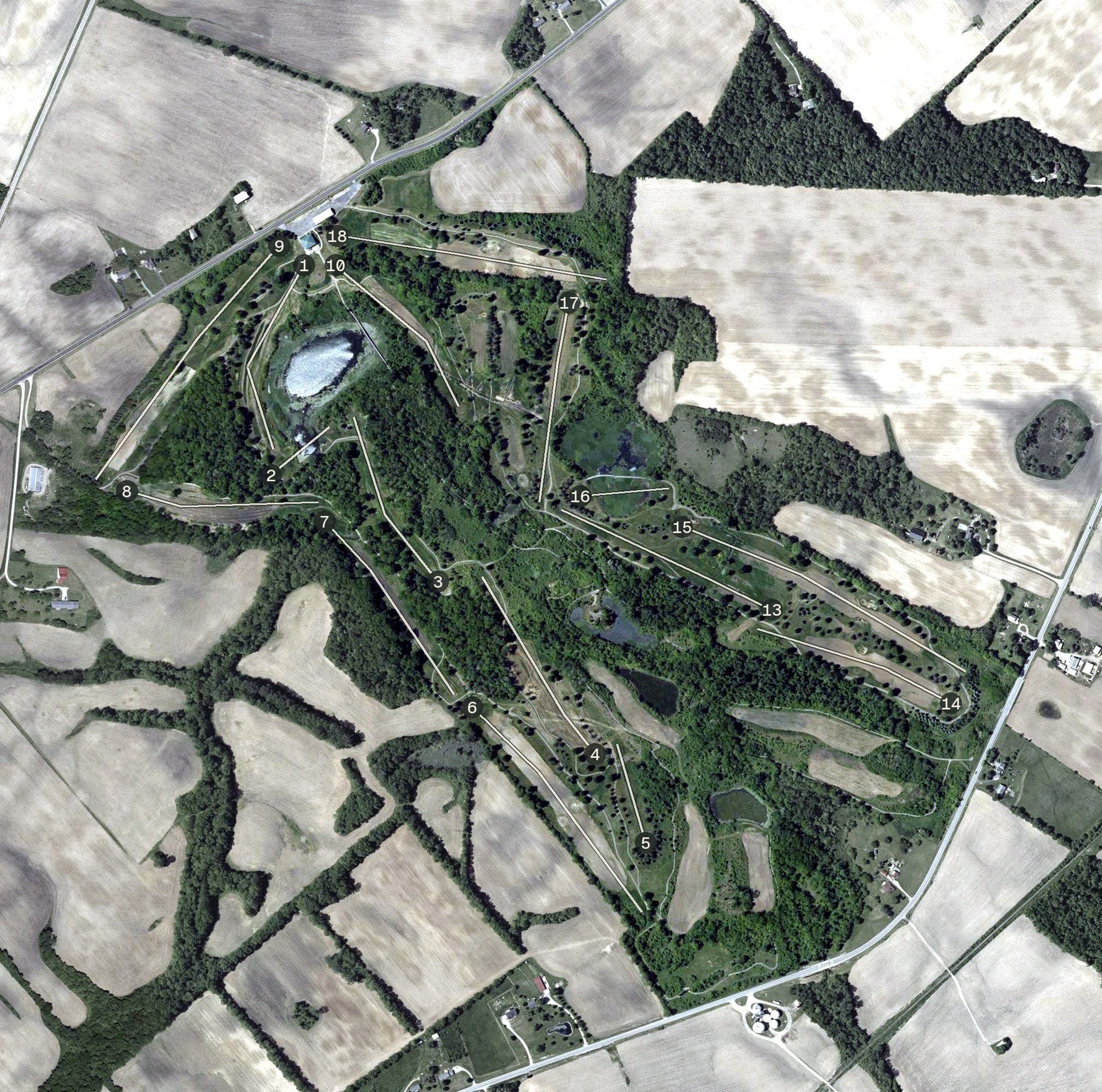 Aerial view of Indian Springs Golf Course, OH, with its hole routing marked