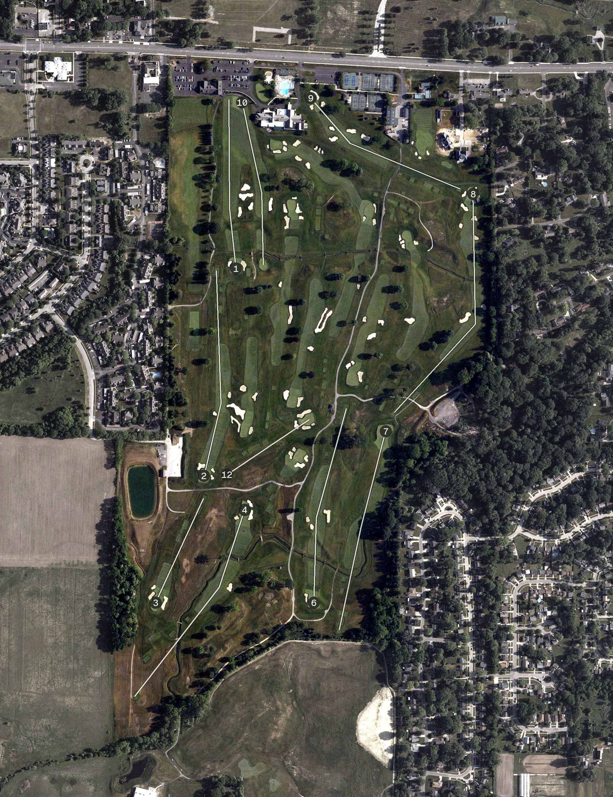 Aerial view of Inverness Club, OH, with its hole routing marked