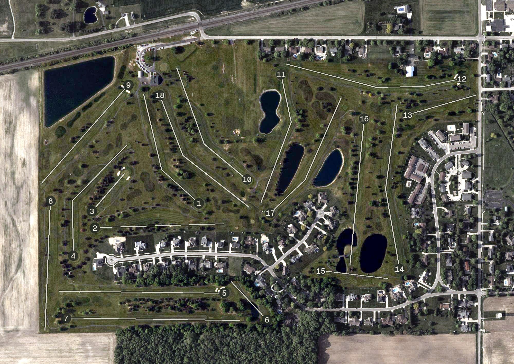 Aerial view of Ironwood Golf Course, OH, with its hole routing marked