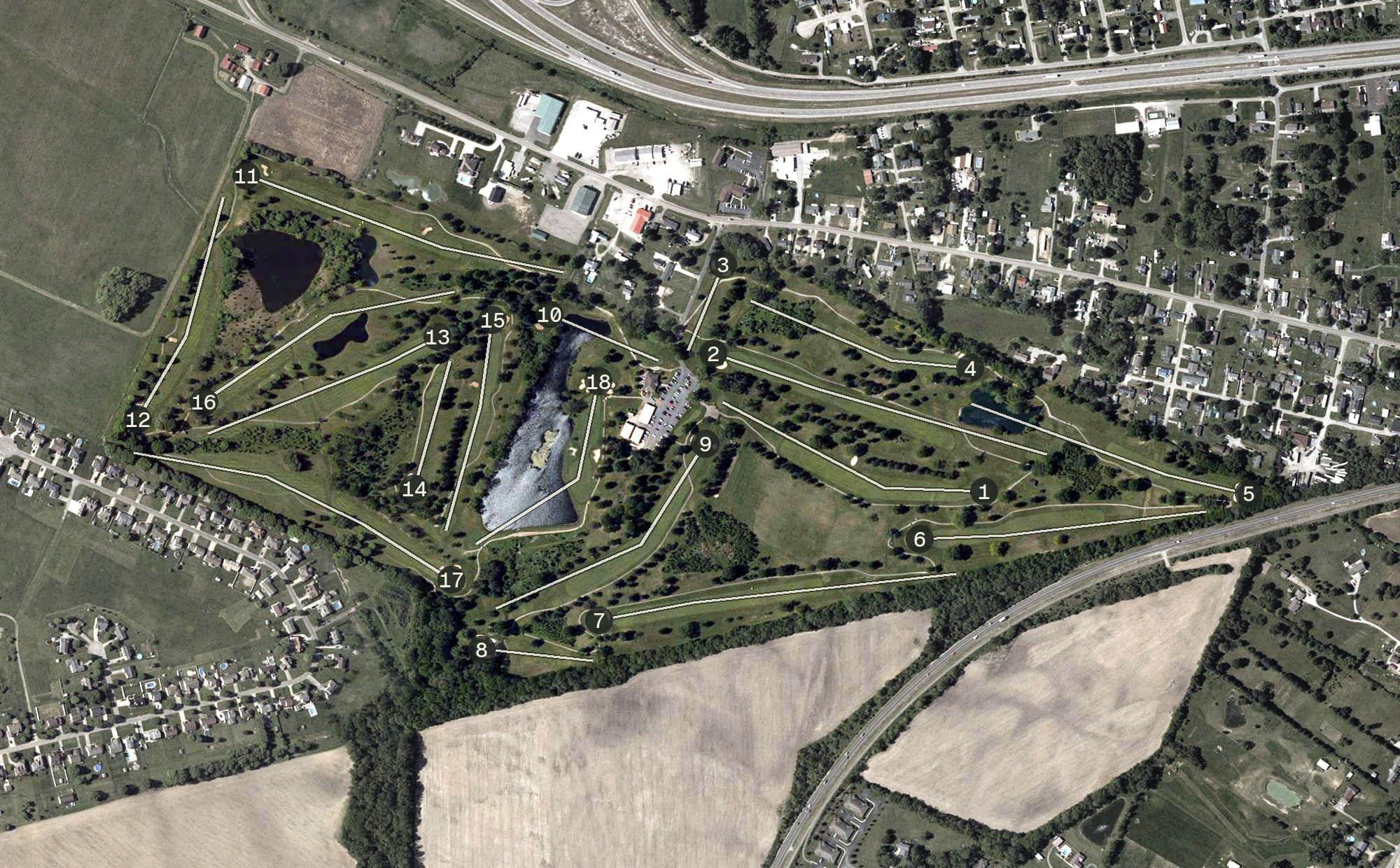 Aerial view of Jaycee Golf Course, OH, with its hole routing marked