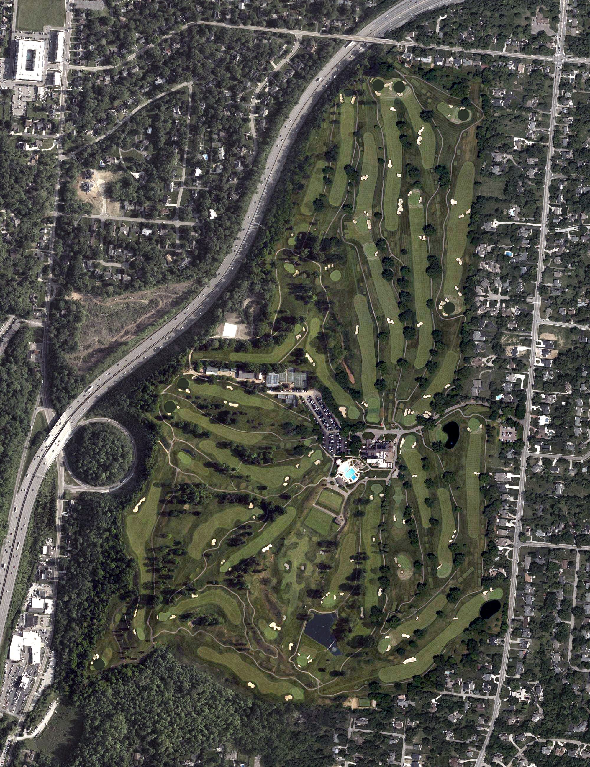Aerial view of Kenwood Country Club, OH, with its hole routing marked