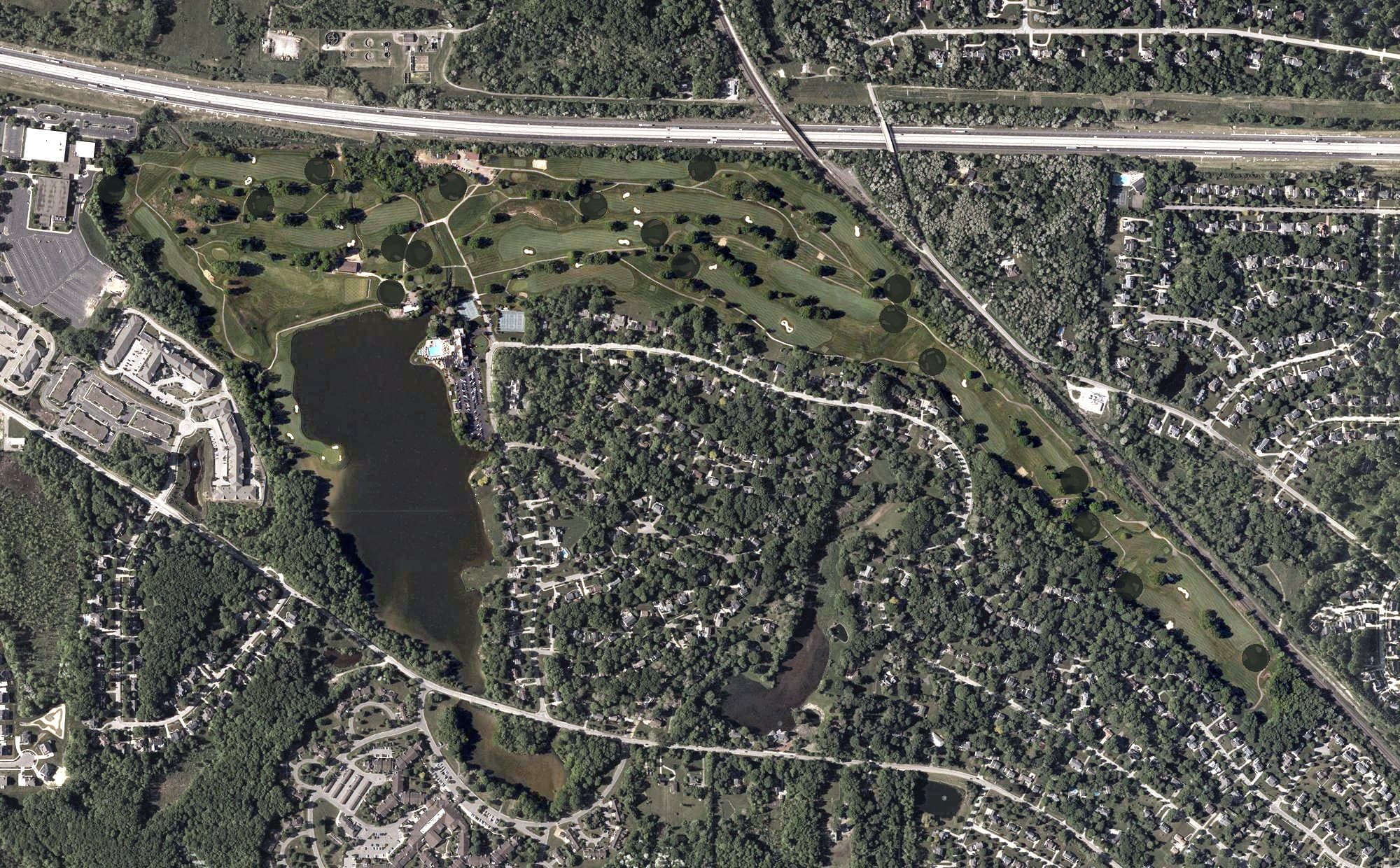 Aerial view of Lake Forest Country Club, OH, with its hole routing marked